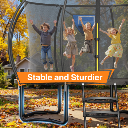 MERACH 14FT Trampoline for Kids with Enclosure Net, Outdoor Pumpkin Trampoline with Basketball Hoop & Ladder