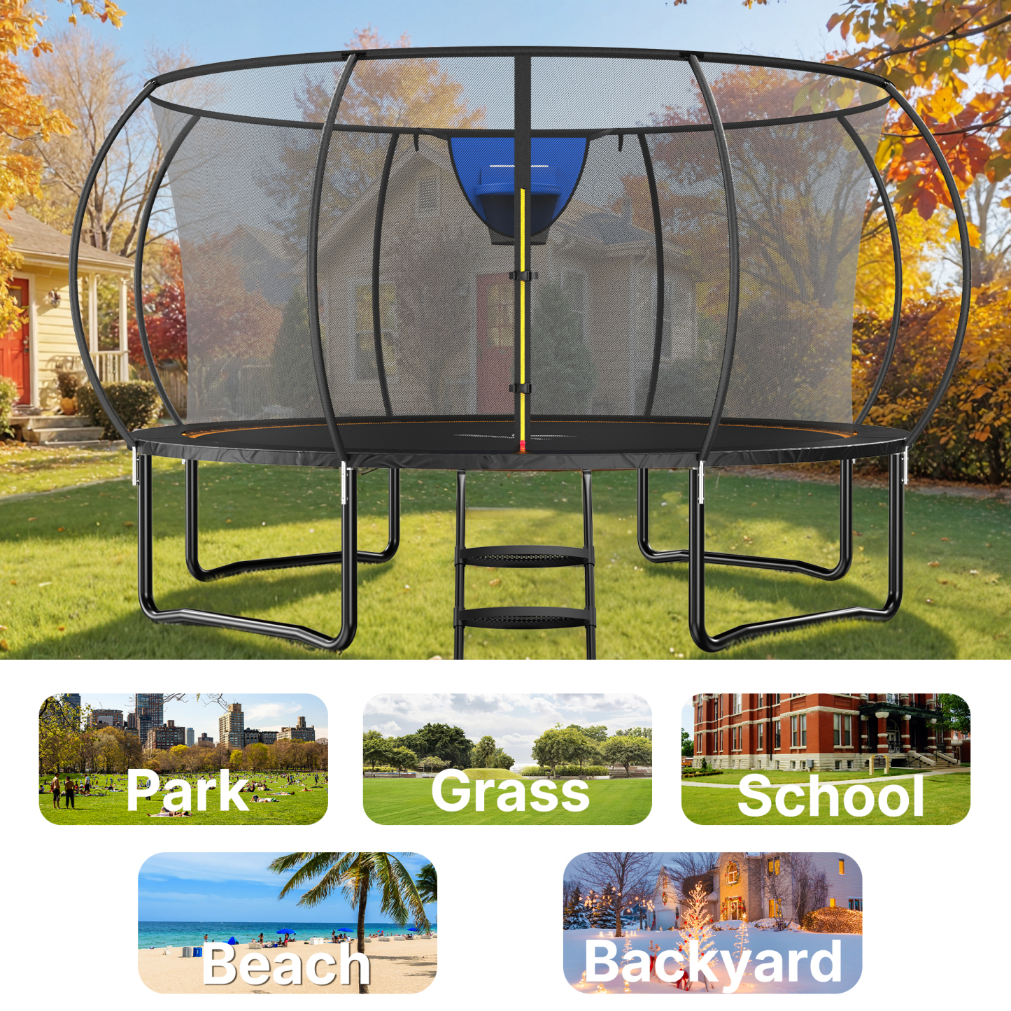 MERACH 14FT Trampoline for Kids with Enclosure Net, Outdoor Pumpkin Trampoline with Basketball Hoop & Ladder