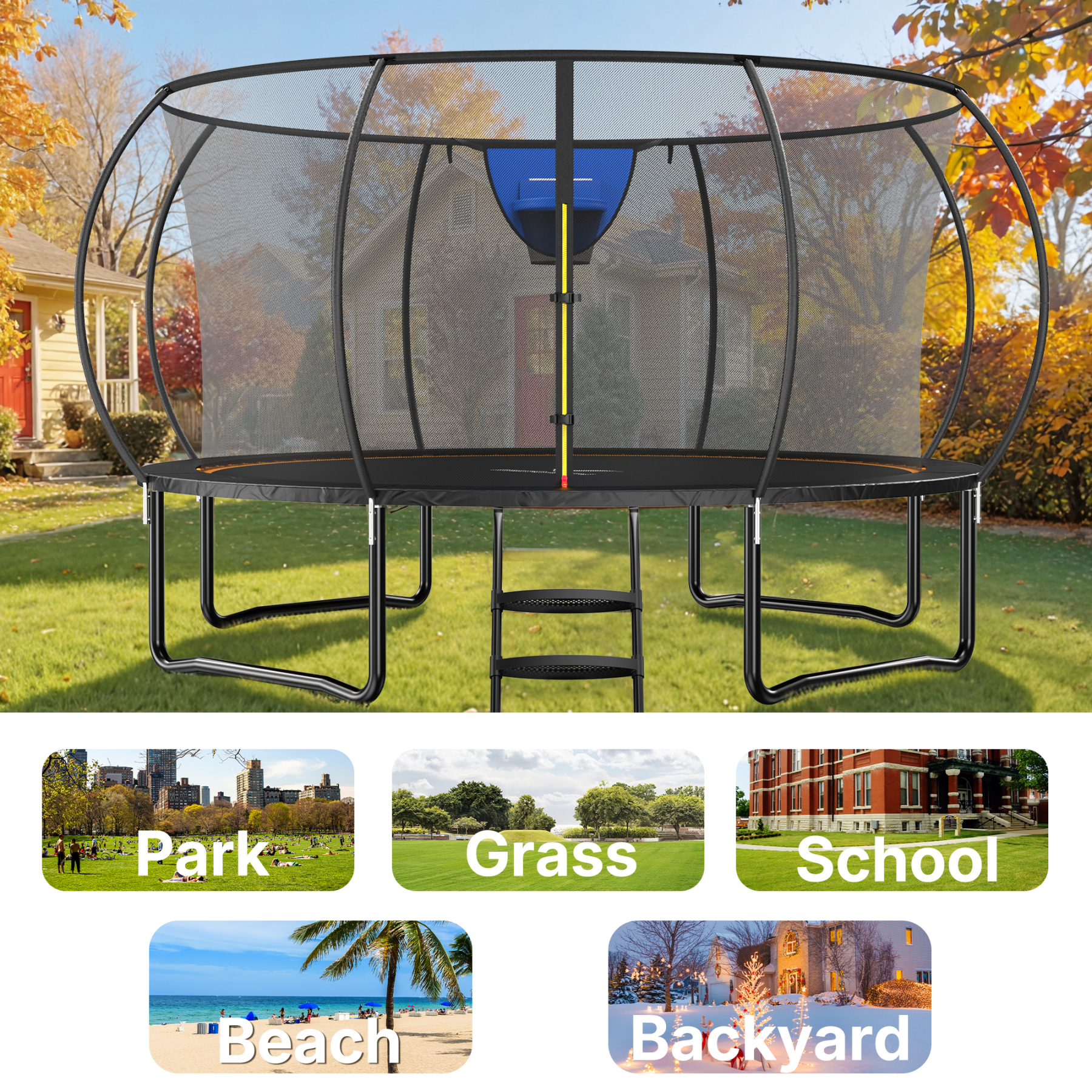 MERACH 14FT Trampoline for Kids with Enclosure Net, Outdoor Pumpkin Trampoline with Basketball Hoop & Ladder