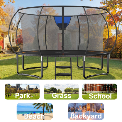 MERACH 14FT Trampoline for Kids with Enclosure Net, Outdoor Pumpkin Trampoline with Basketball Hoop & Ladder