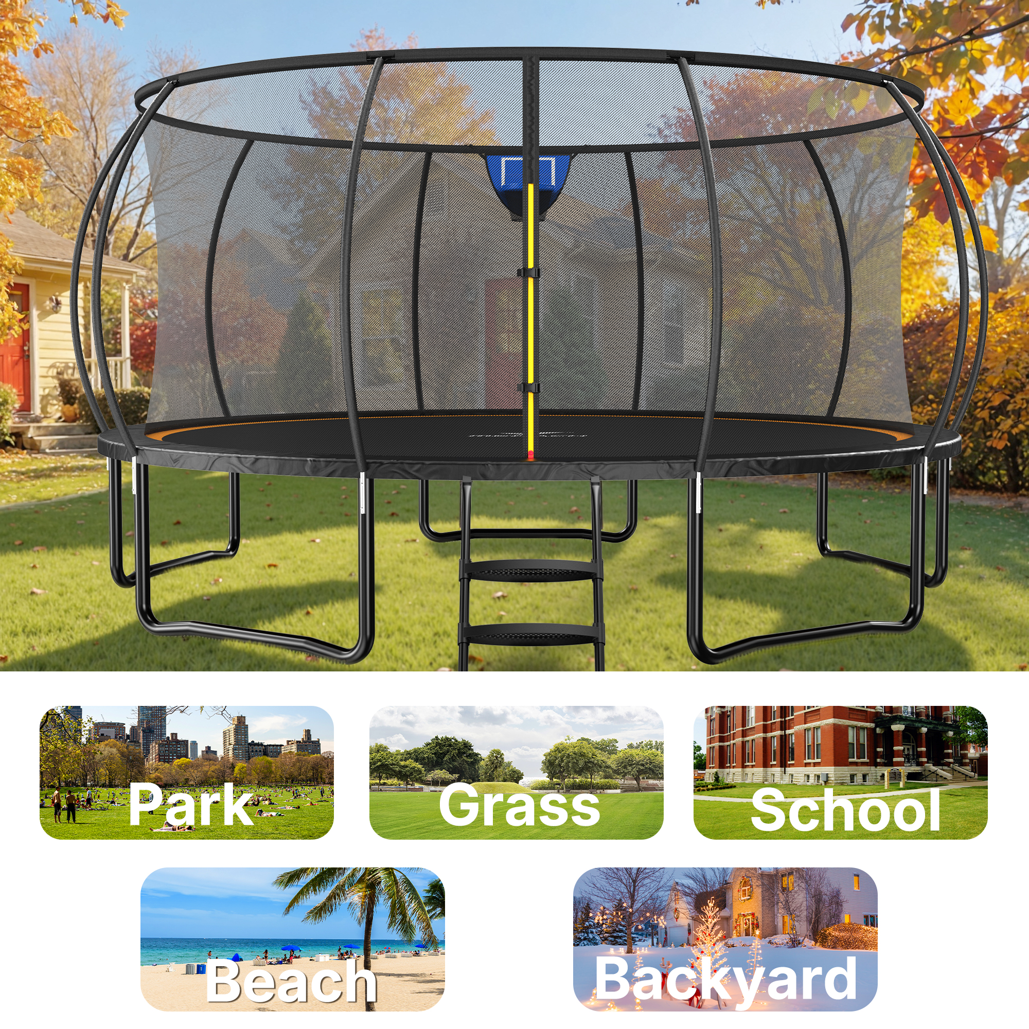 MERACH 16FT Large Outdoor Trampoline with Enclosure Net and Ladder, Heavy Duty Backyard Pumpkin Trampoline for Kids and Adults, Great for Fitness & Fun