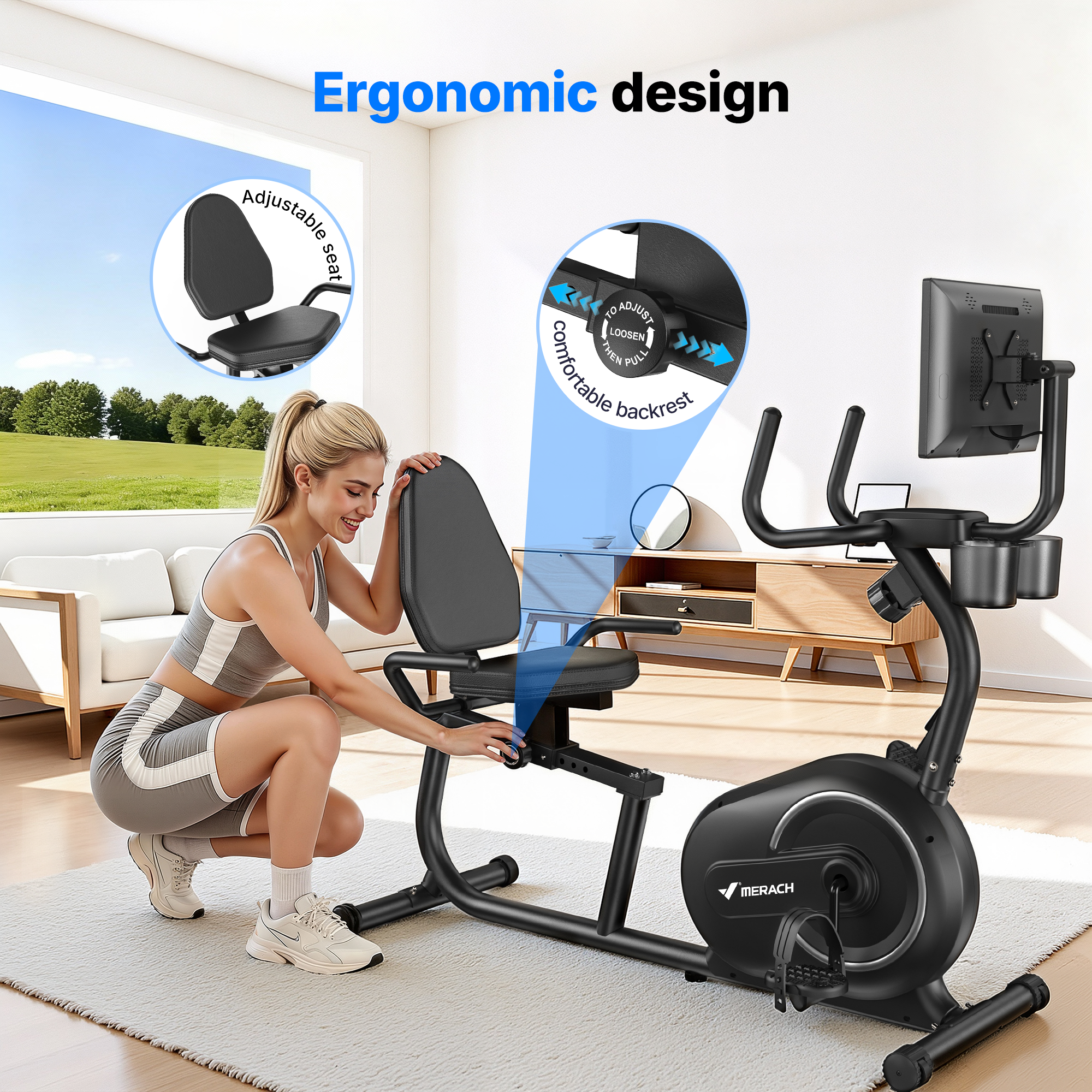 MERACH Recumbent Exercise Bike with Screen, Magnetic Resistance, Bluetooth APP, Adjustable Seat & Backrest, 350 LBS Capacity, Indoor Stationary Bike for Seniors & Home Cardio