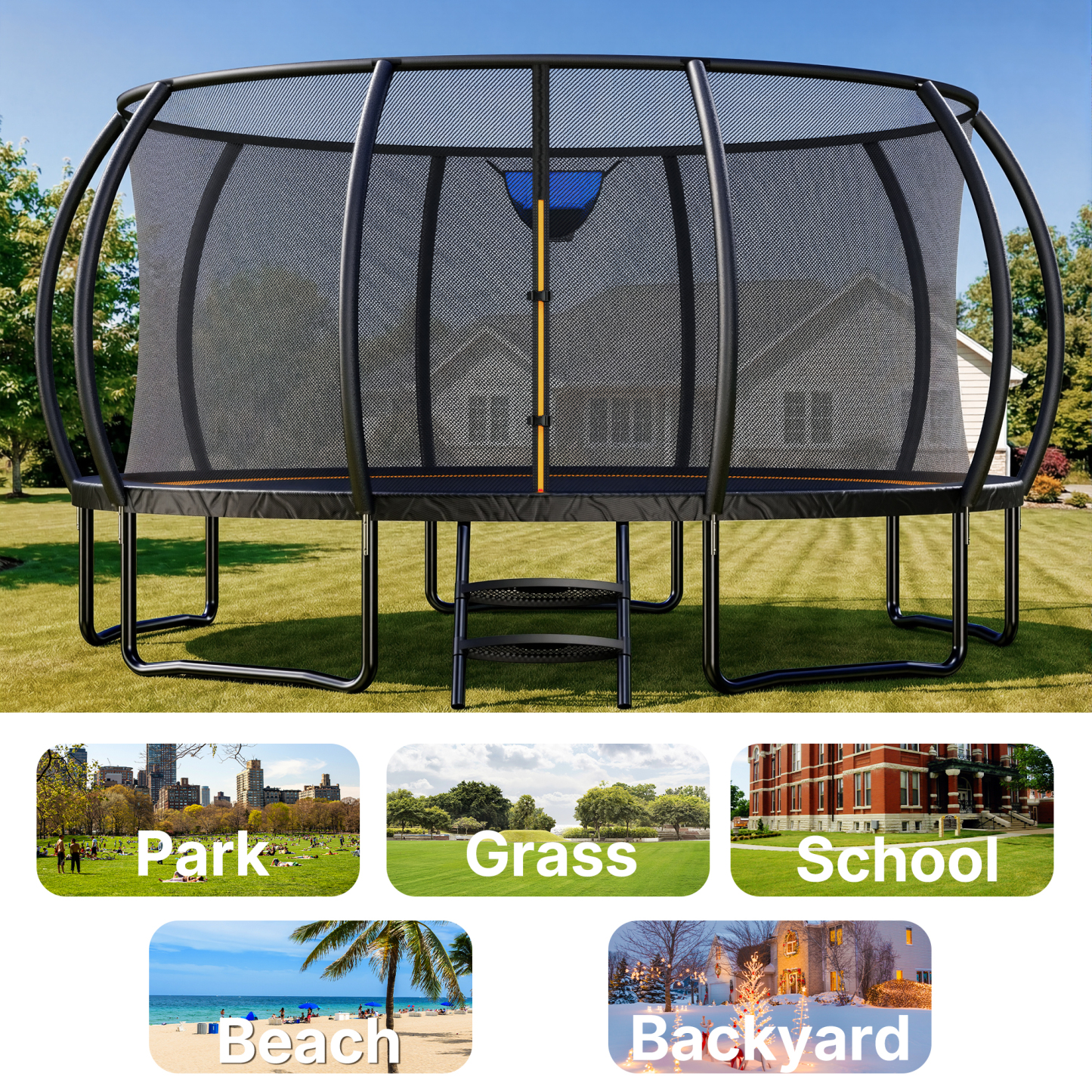 MERACH 10FT, 12FT, 14FT, 16FT Pumpkin Outdoor Trampoline with Safety Enclosure Net, Basketball Hoop & Ladder, Heavy Duty Backyard Trampoline for Kids & Adults