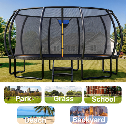 MERACH 10FT, 12FT, 14FT, 16FT Pumpkin Outdoor Trampoline with Safety Enclosure Net, Basketball Hoop & Ladder, Heavy Duty Backyard Trampoline for Kids & Adults