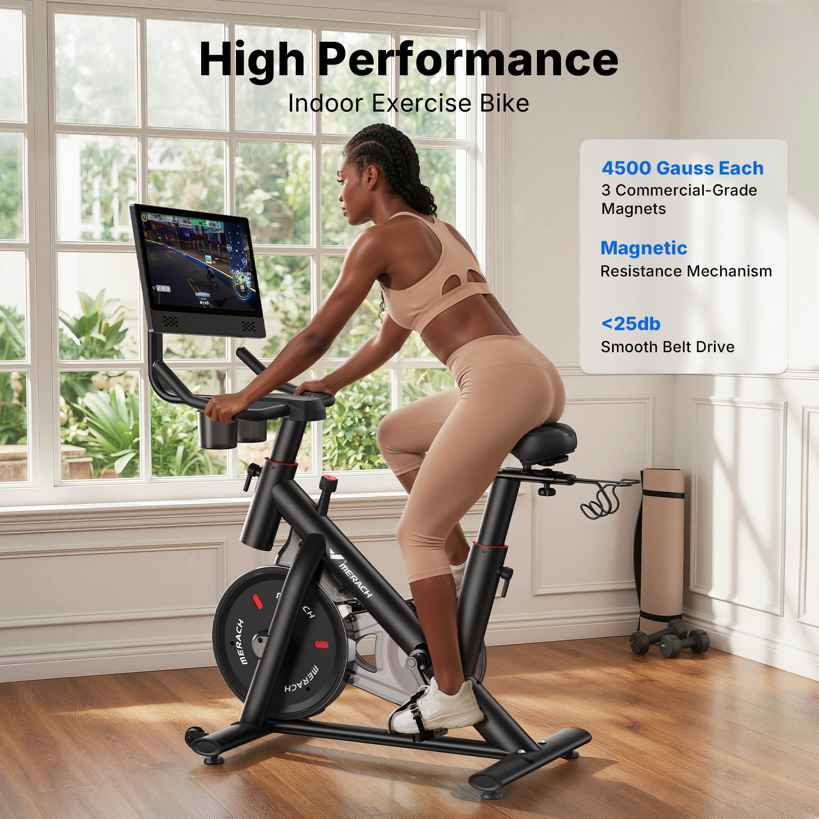 MERACH Stationary Exercise Bike with 1080P HD screen Low Noise for Indoor Workout Cycling Bike with 330lbs Weight Capacity Flywheel Weight 40lbs