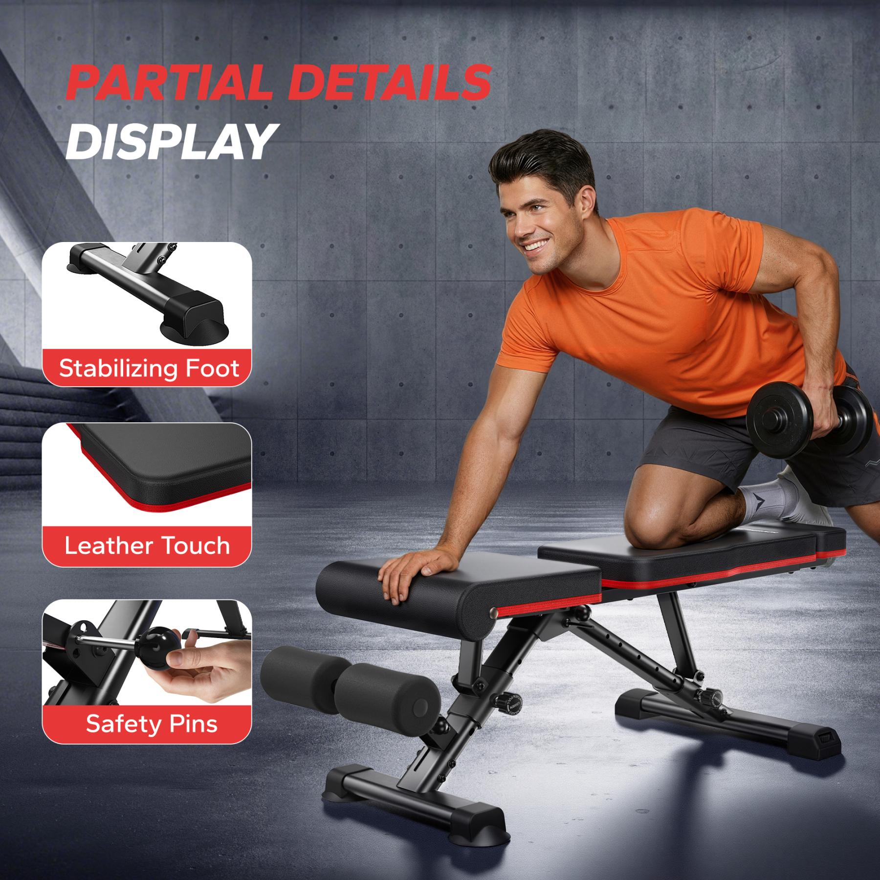MERACH Adjustable Weight Bench with Extended Headrest, Hold up to 990 lbs, Foldable Exercise Bench for Home Gym Fitness Strength Training, Black&Red