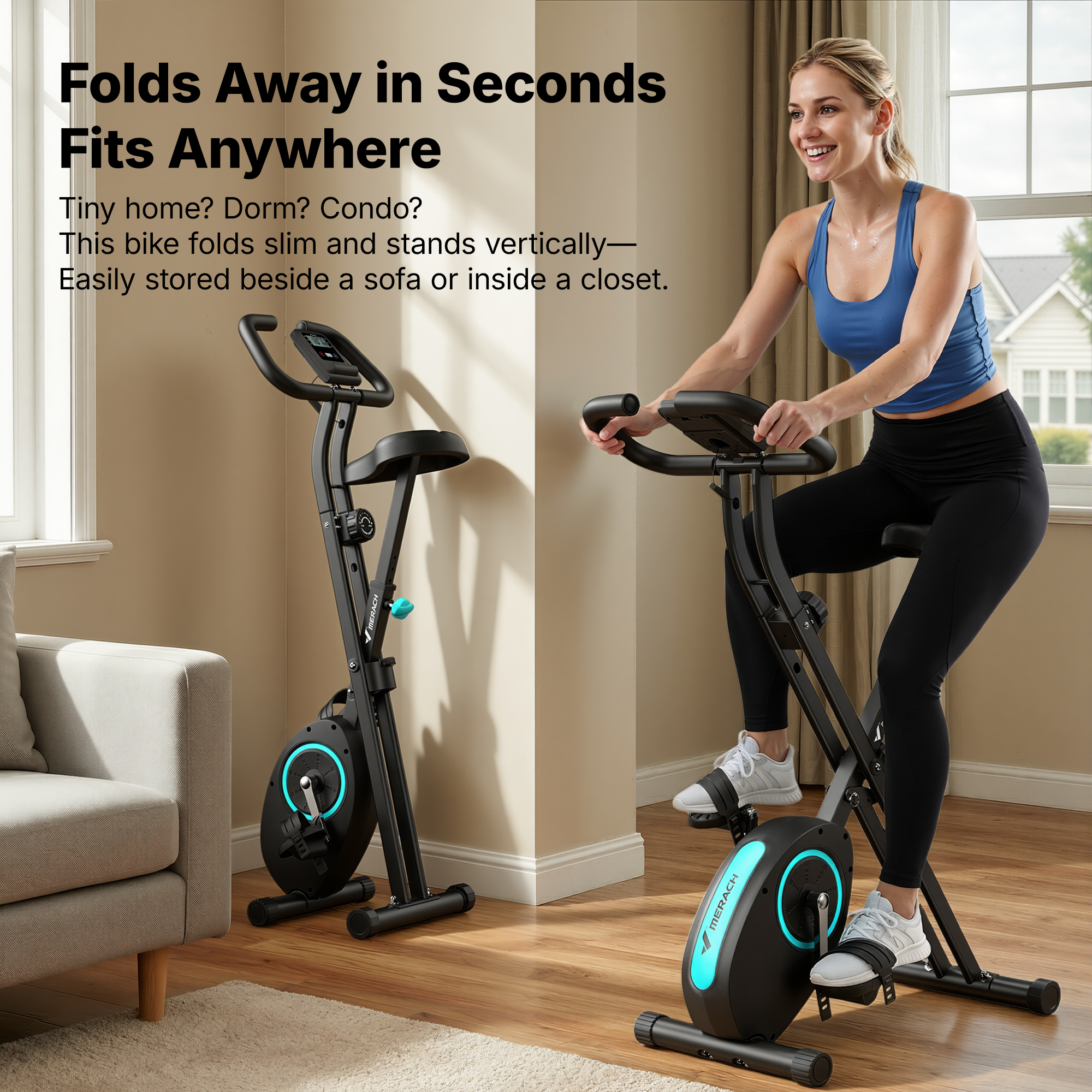 MERACH Folding Exercise Bike, Exercise Bike with LCD Display, Magnetic Fitness Bike for Home with Comfortable Seat, Space Saving, Cardio Training, Maximum Capacity 300 lbs