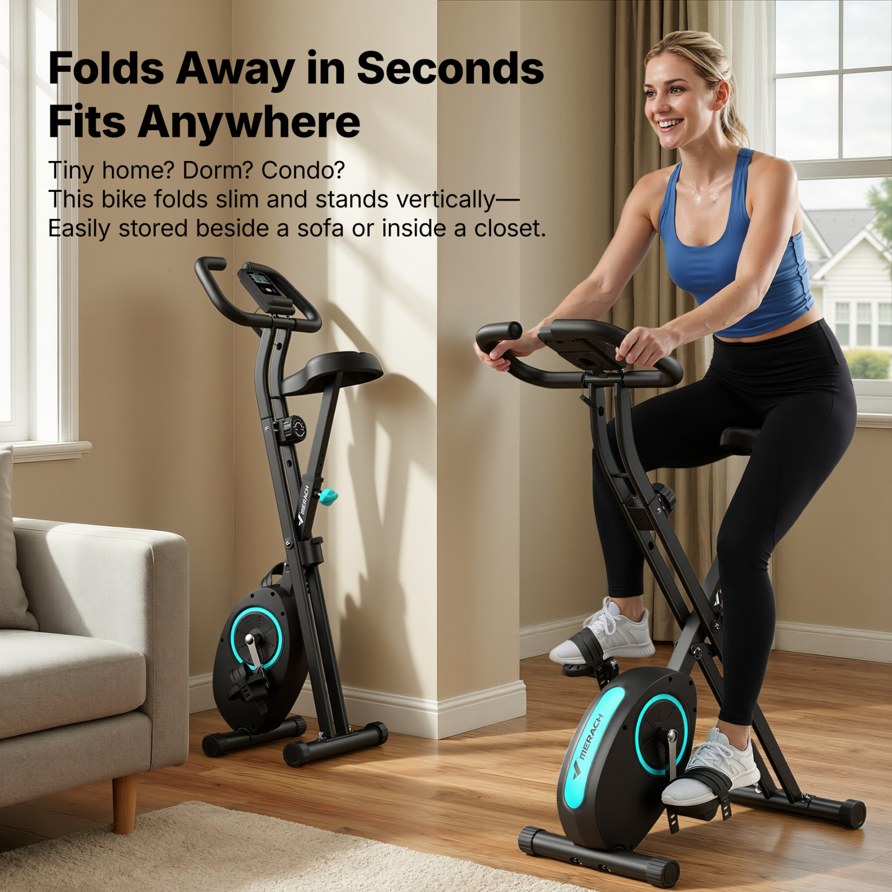 MERACH Folding Exercise Bike, Exercise Bike with LCD Display, Magnetic Fitness Bike for Home with Comfortable Seat, Space Saving, Cardio Training, Maximum Capacity 300 lbs