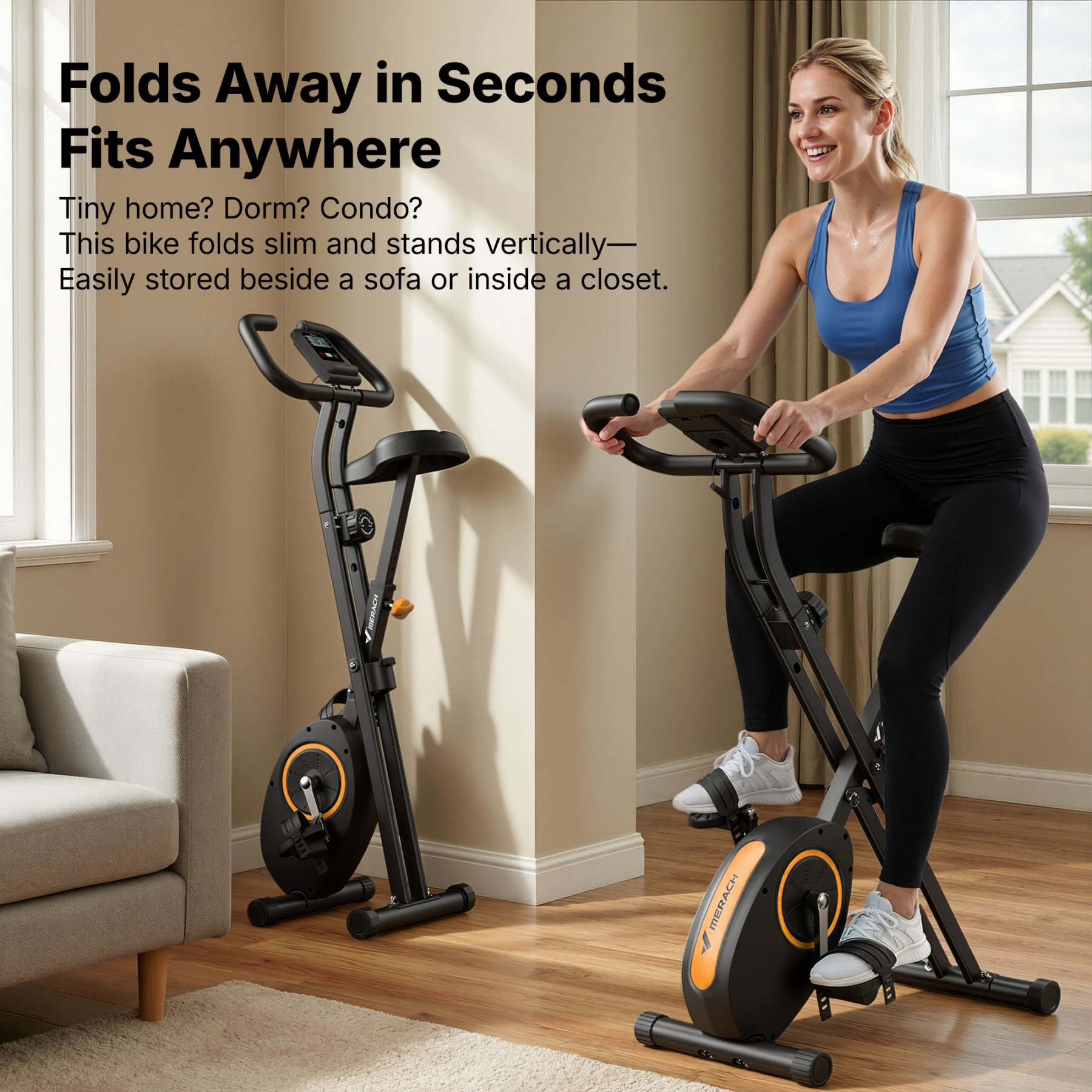 MERACH Folding Exercise Bike, Exercise Bike with LCD Display, Magnetic Fitness Bike for Home with Comfortable Seat, Space Saving, Cardio Training, Maximum Capacity 300 lbs