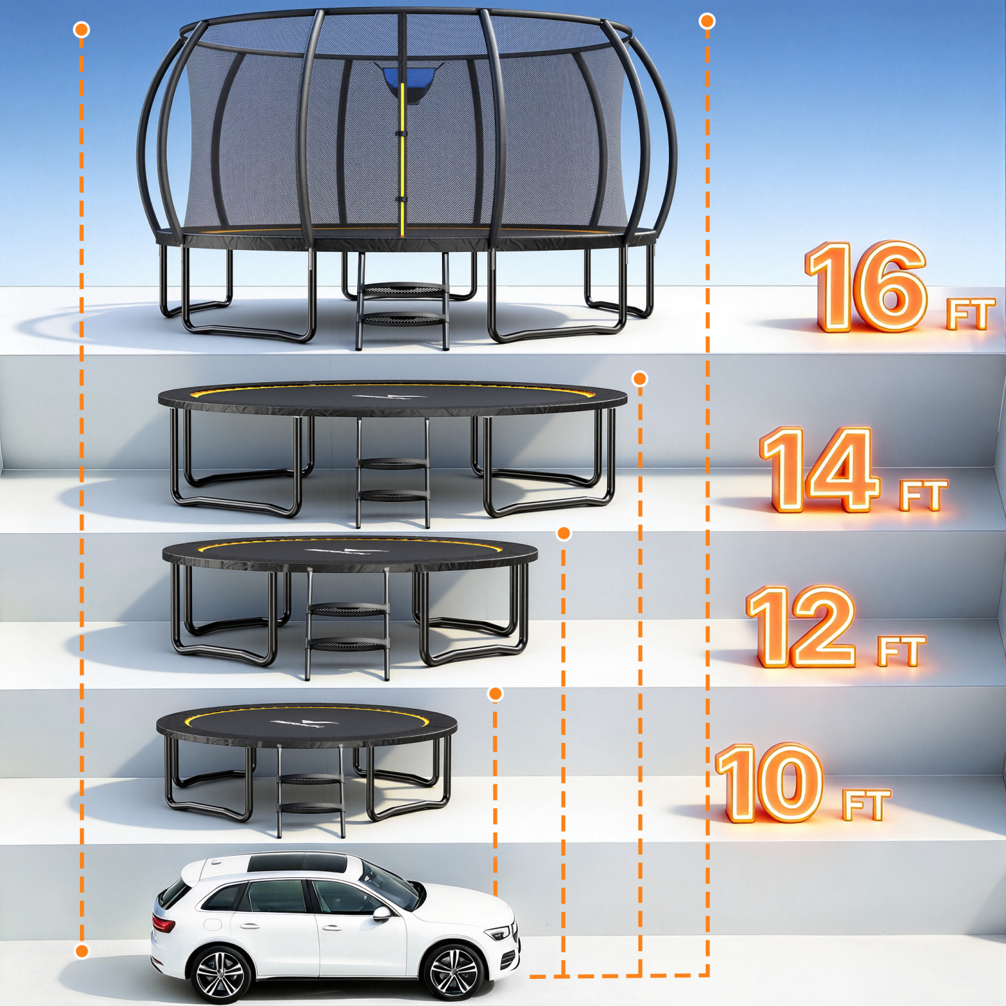 MERACH 10FT, 12FT, 14FT, 16FT Pumpkin Outdoor Trampoline with Safety Enclosure Net, Basketball Hoop & Ladder, Heavy Duty Backyard Trampoline for Kids & Adults
