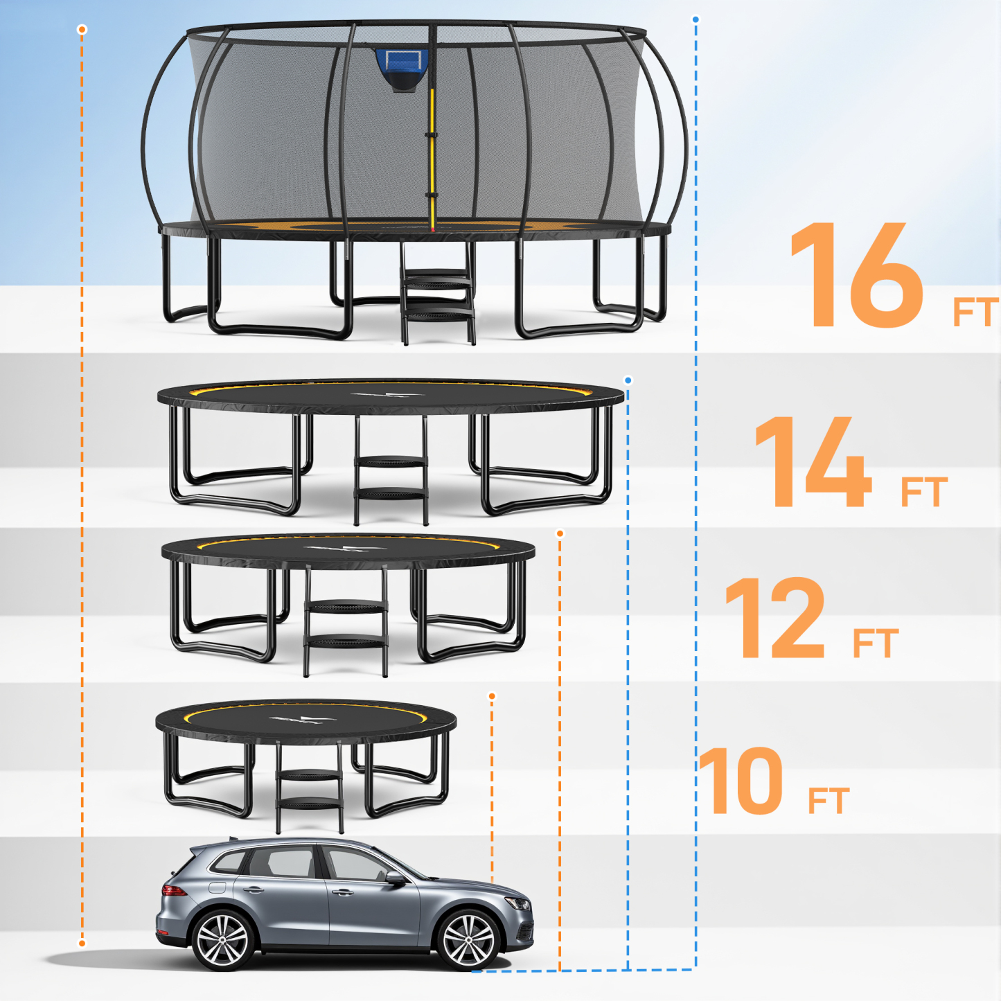 MERACH 14FT Trampoline for Kids with Enclosure Net, Outdoor Pumpkin Trampoline with Basketball Hoop & Ladder