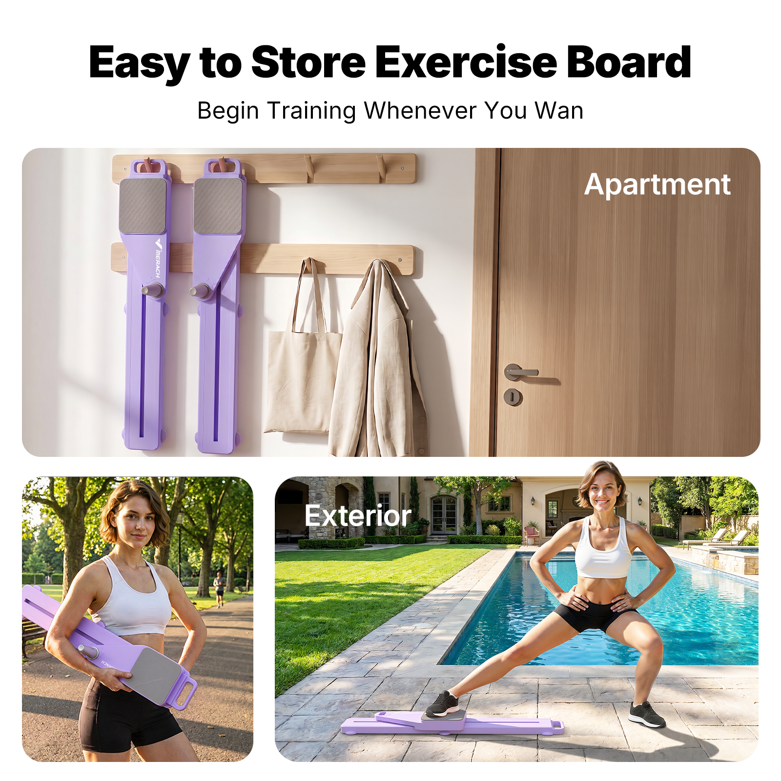 MERACH Pilates Board with Timer, Multi-Purpose Foldable Pilates Reformer Board for Home Workout, Pilates Reformer Set with Resistance Bands for Fitness(Purple)