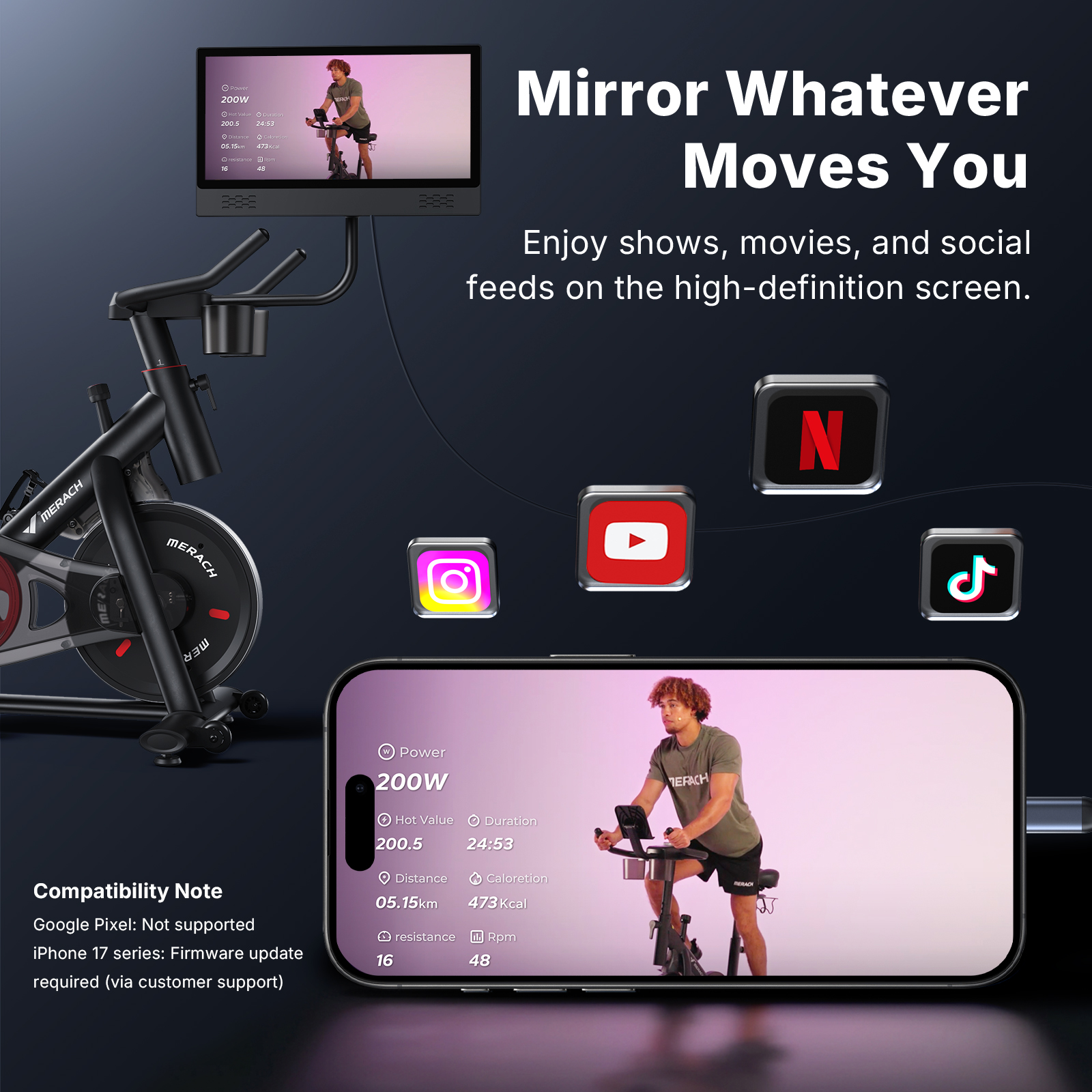 MERACH Stationary Exercise Bike with 1080P HD screen Low Noise for Indoor Workout Cycling Bike with 330lbs Weight Capacity Flywheel Weight 40lbs