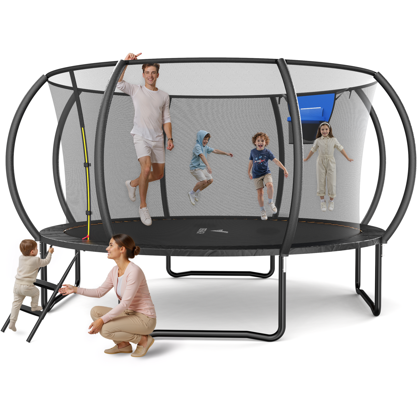 MERACH 14FT Trampoline for Kids with Enclosure Net, Outdoor Pumpkin Trampoline with Basketball Hoop & Ladder