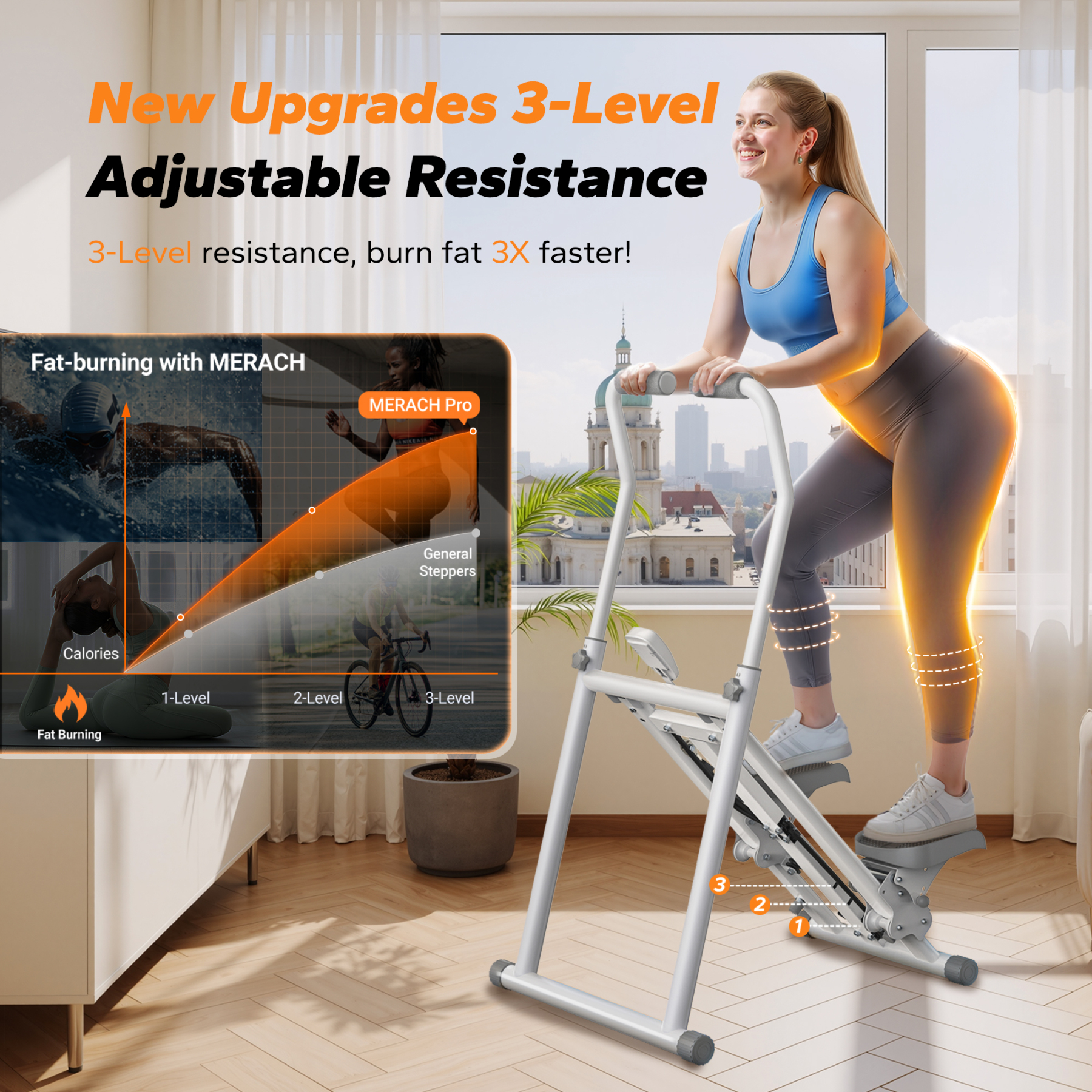 MERACH Stair Stepper, 3 Levels Resistance Adjustable Vertical Climber Machine Compact Foldable Full-Body Workout Stepper Home Cardio Exercise Equipment