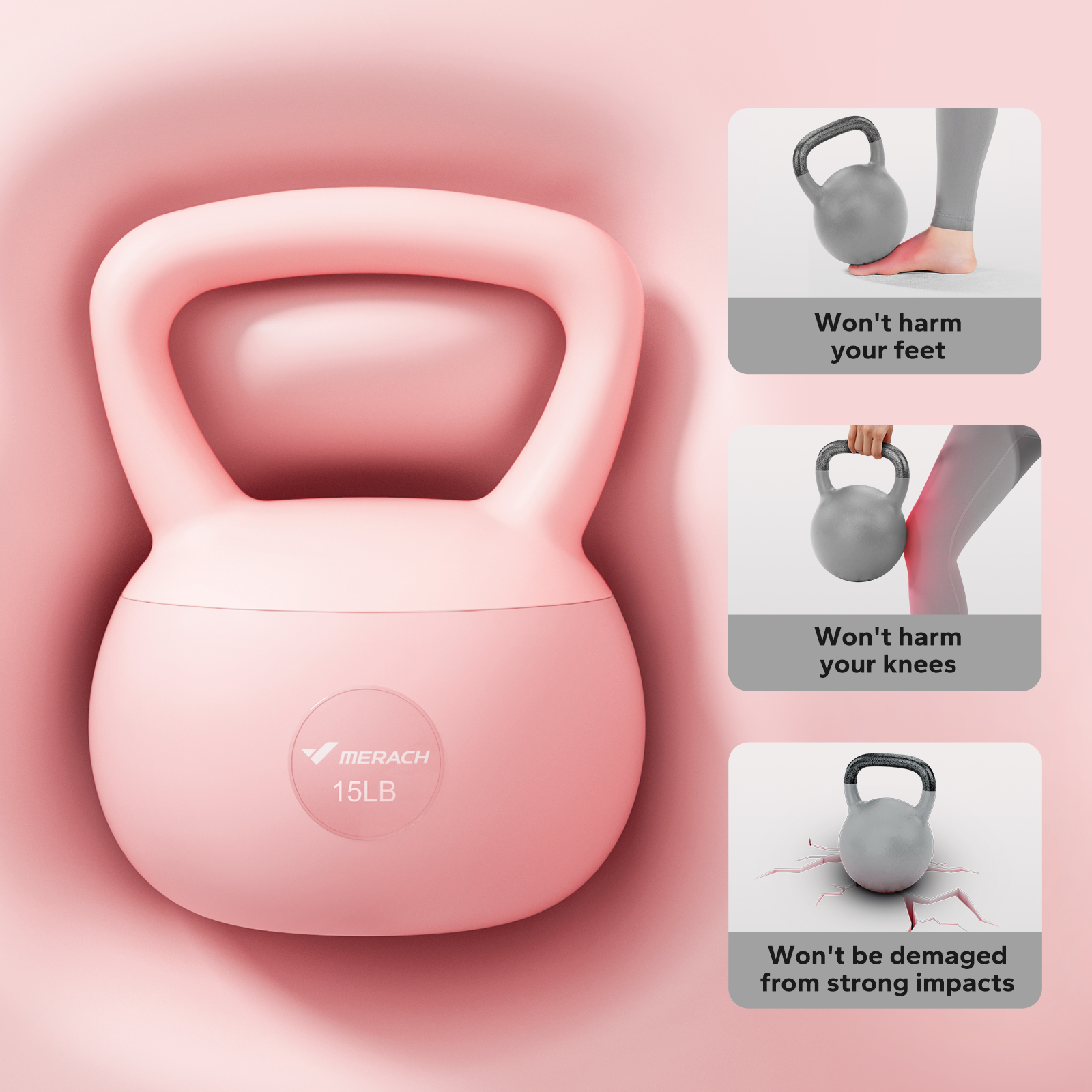 MERACH Soft Kettlebell 15lb PVC Coated Sand Filled Kettlebell with Non-Slip Handle for Home Gym, Pink