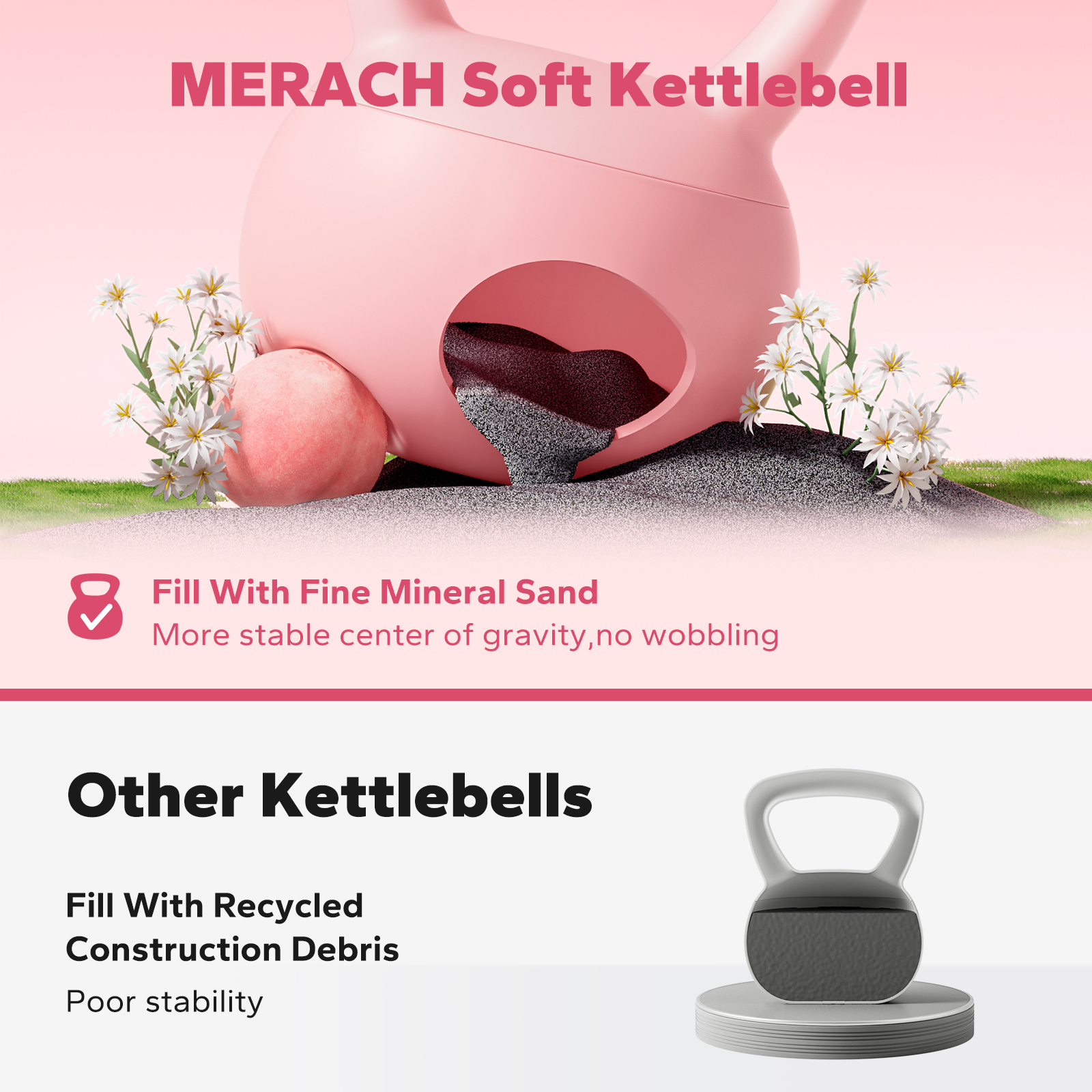 MERACH Soft Kettlebell 15lb PVC Coated Sand Filled Kettlebell with Non-Slip Handle for Home Gym, Pink