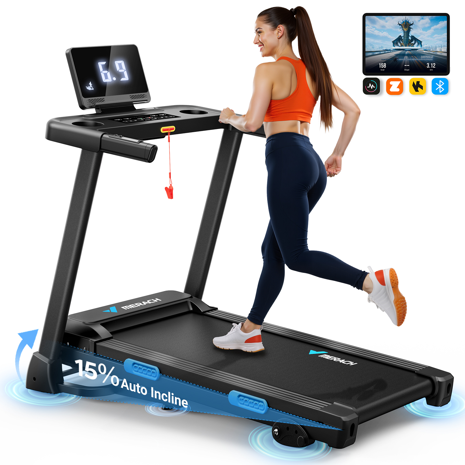 MERACH Folding Treadmill with 15% Auto Incline, Fitness Treadmill for Home with APP, 300 lbs Capacity