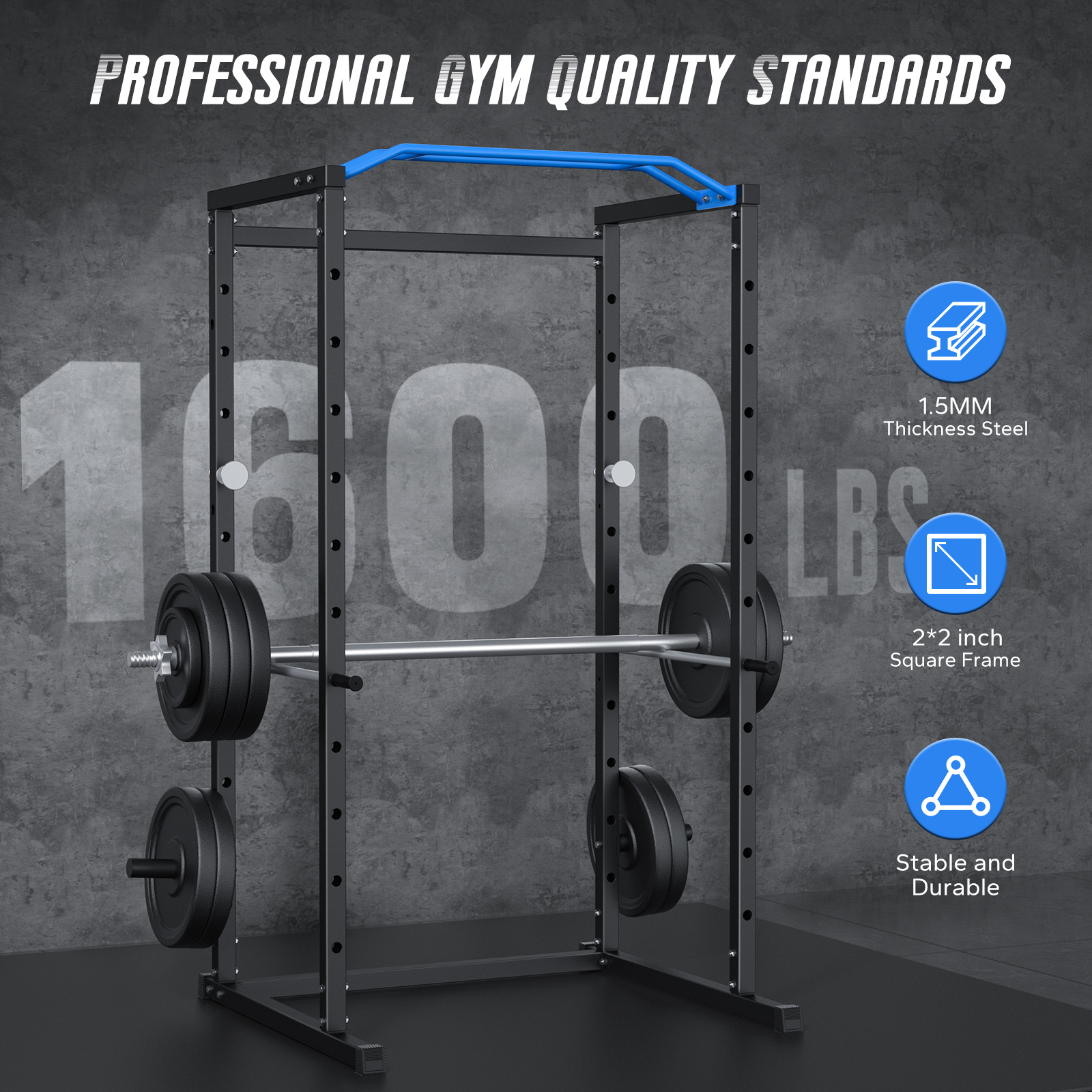 Power Rack Cage with 11 Adjustable Heights, 1600lbs Capacity Multi-Functional Squat Rack for Home Gym