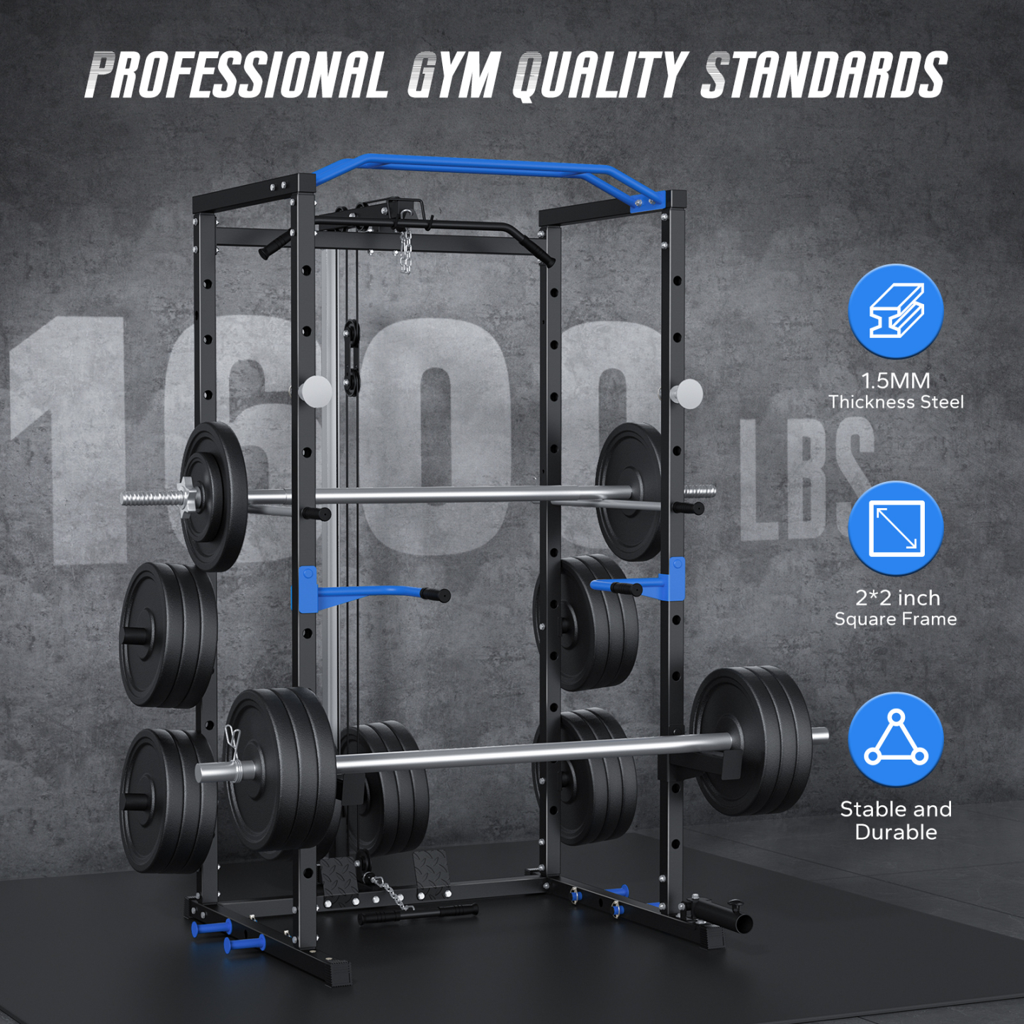 Power Rack Cage with LAT Pull Down, 1600lbs Capacity Multi-Functional Squat Rack with 11 Adjustable Heights, Pulley System, Dip Bar, Landmine & More Power Rack Attachments for Home Gym