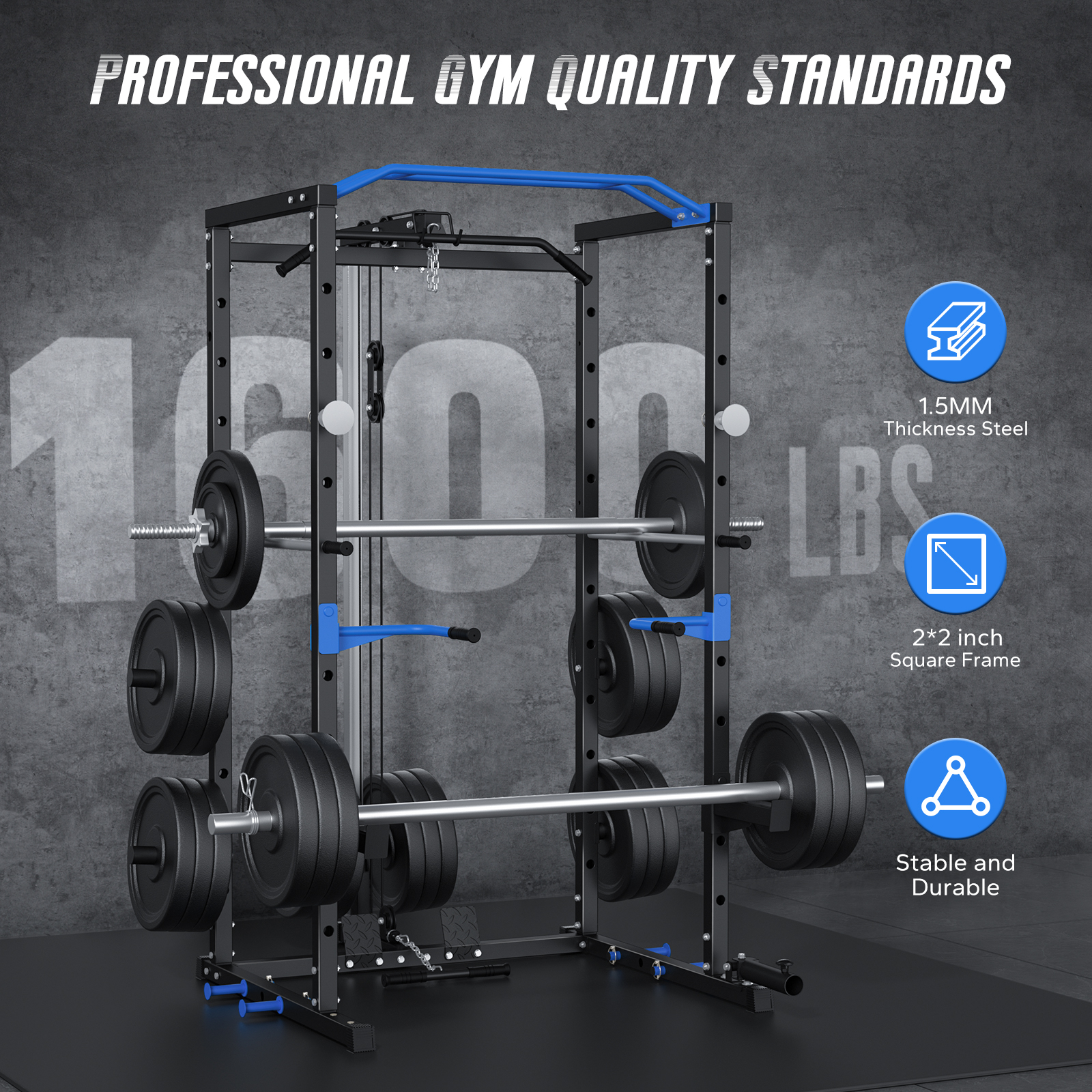 Power Rack Cage with LAT Pull Down, 1600lbs Capacity Multi-Functional Squat Rack with 11 Adjustable Heights, Pulley System, Dip Bar, Landmine & More Power Rack Attachments for Home Gym