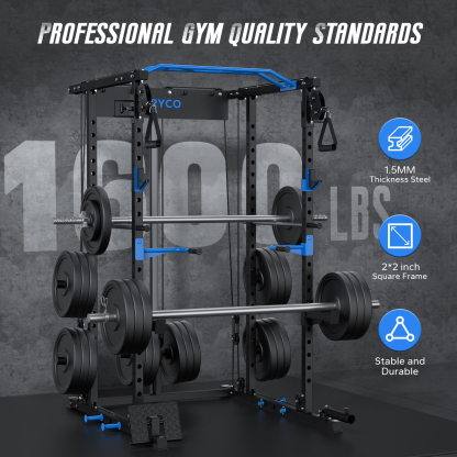 Power Rack Cage with LAT Pull Down, 1600lbs Capacity Multi-Functional Squat Rack with 21 Adjustable Heights, Pulley System, Dip Bar, Landmine & More Power Rack Attachments for Home Gym