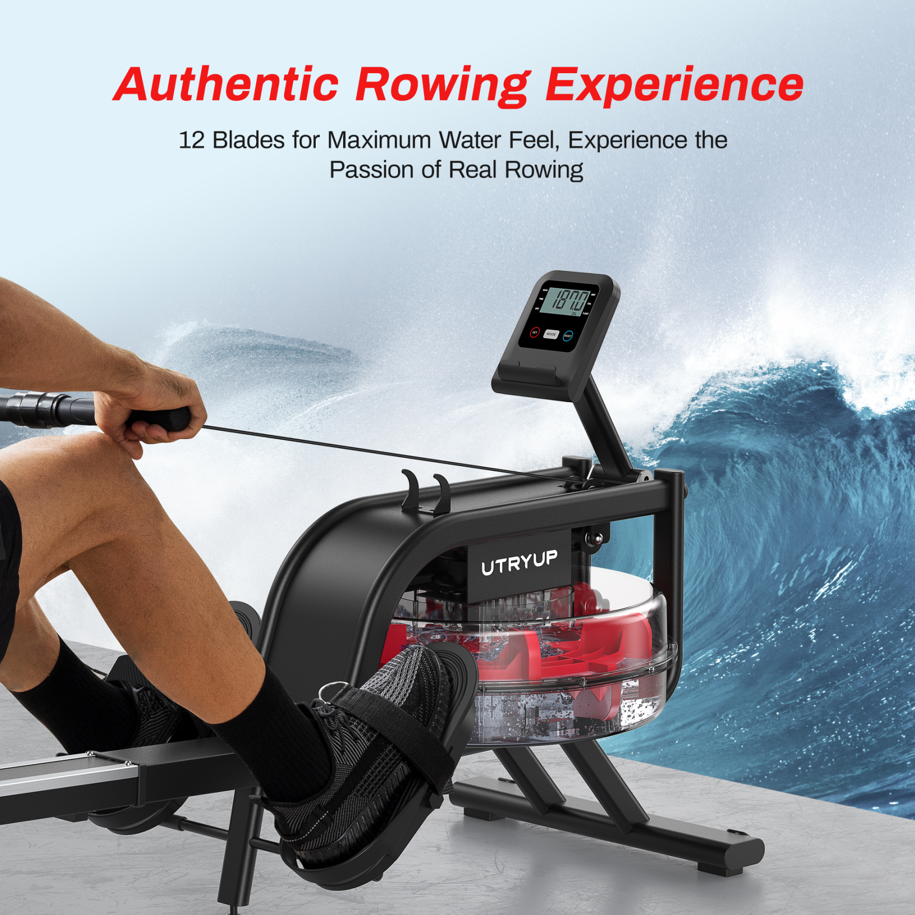 UTRYUP Water Rowing Machines, 16 Levels of Quiet Resistance Foldable Compact Rowing Machine 350 LB Weight Capacity with Bluetooth, App Supported, Tablet Holder