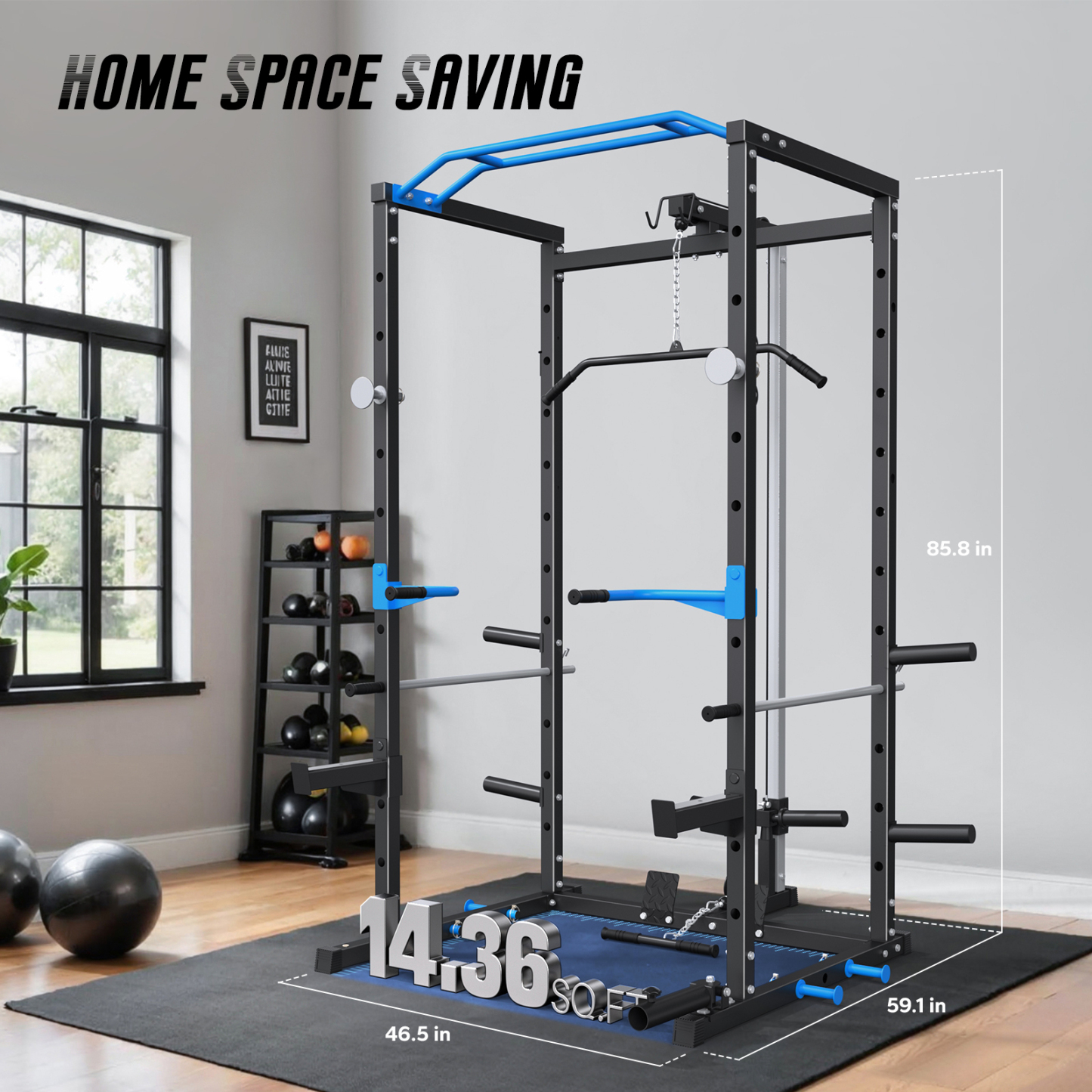 Power Rack Cage with LAT Pull Down, 1600lbs Capacity Multi-Functional Squat Rack with 11 Adjustable Heights, Pulley System, Dip Bar, Landmine & More Power Rack Attachments for Home Gym