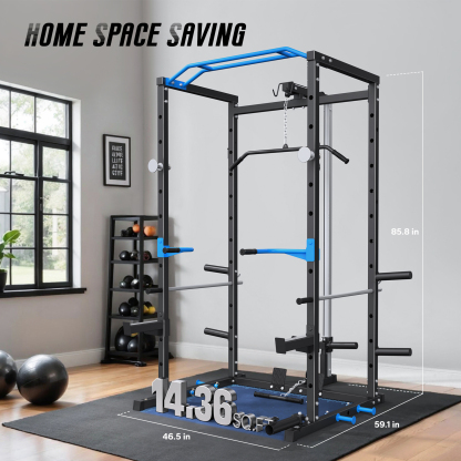 Power Rack Cage with LAT Pull Down, 1600lbs Capacity Multi-Functional Squat Rack with 11 Adjustable Heights, Pulley System, Dip Bar, Landmine & More Power Rack Attachments for Home Gym