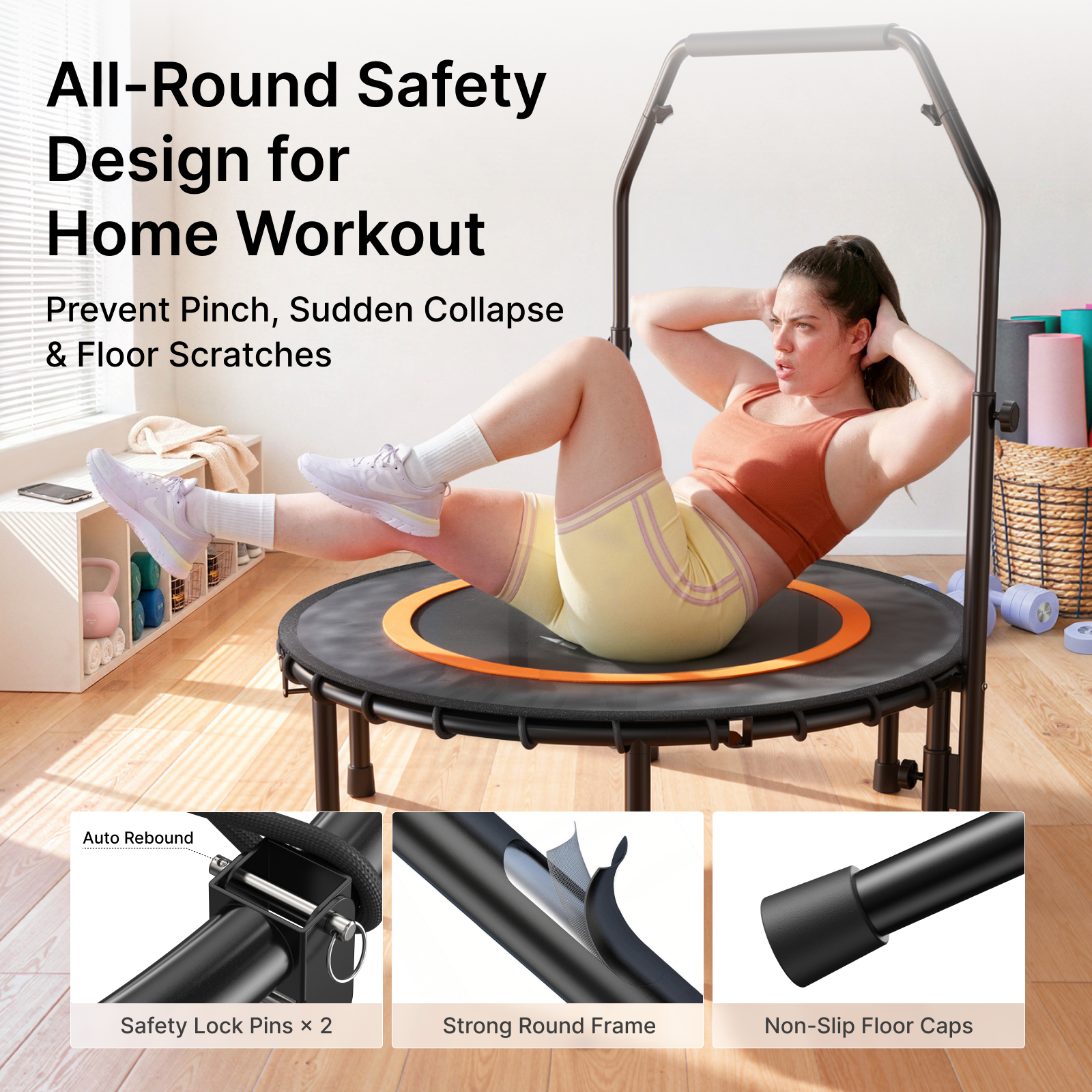 MERACH 40" Fitness Trampoline with Bar, Foldable Mini Trampoline with Bungees, 330 lbs Capacity