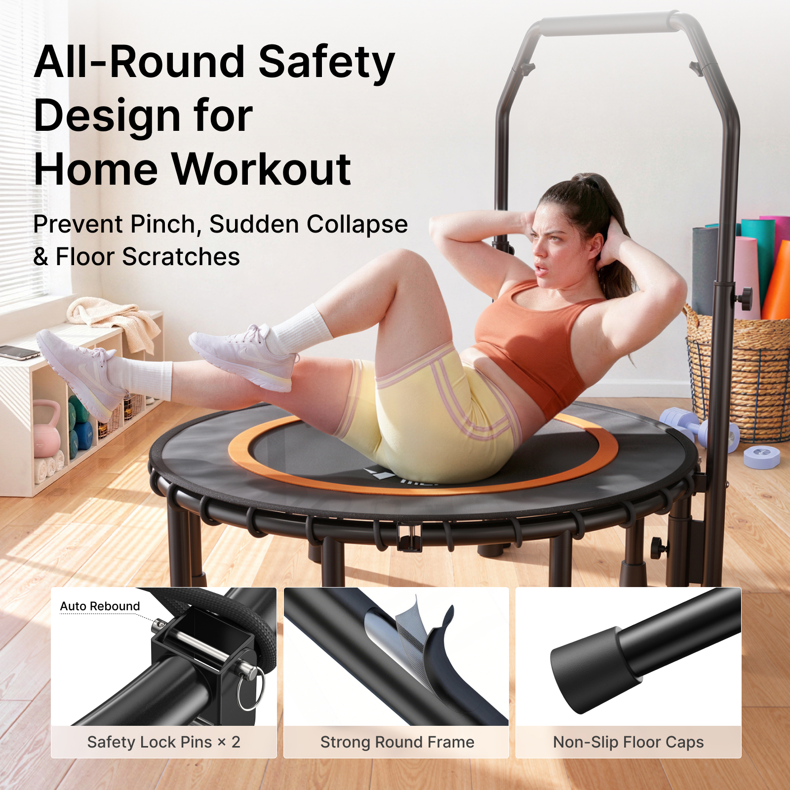 MERACH 48" Fitness Trampoline with Bar, Foldable Mini Trampoline Rebounder with Bungees, 330 lbs Capacity