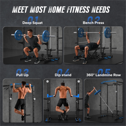 Power Rack Cage with LAT Pull Down, 1600lbs Capacity Multi-Functional Squat Rack with 11 Adjustable Heights, Pulley System, Dip Bar, Landmine & More Power Rack Attachments for Home Gym