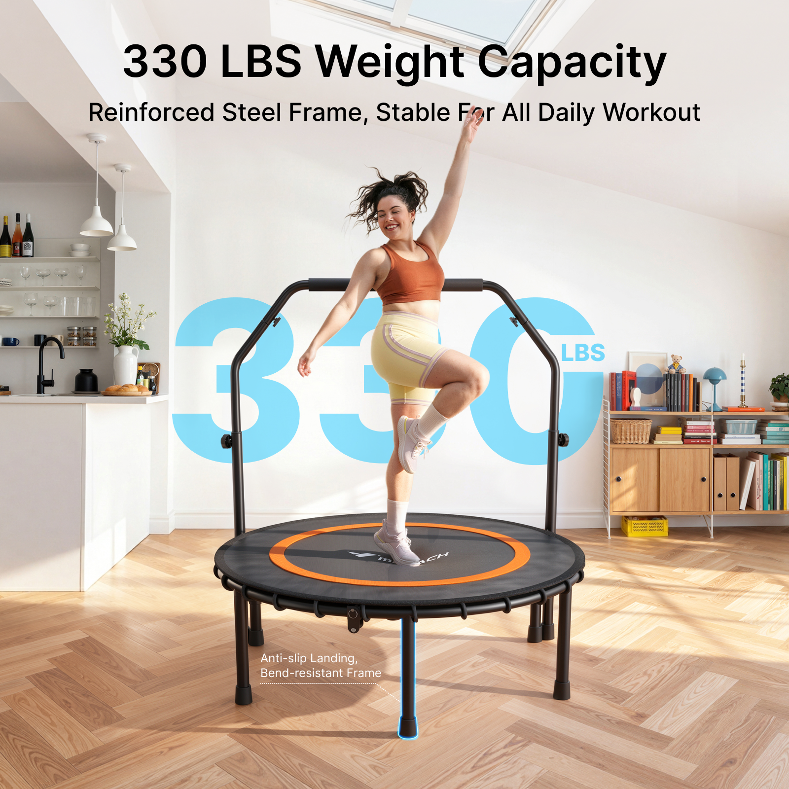 MERACH 40" Fitness Trampoline with Bar, Foldable Mini Trampoline with Bungees, 330 lbs Capacity
