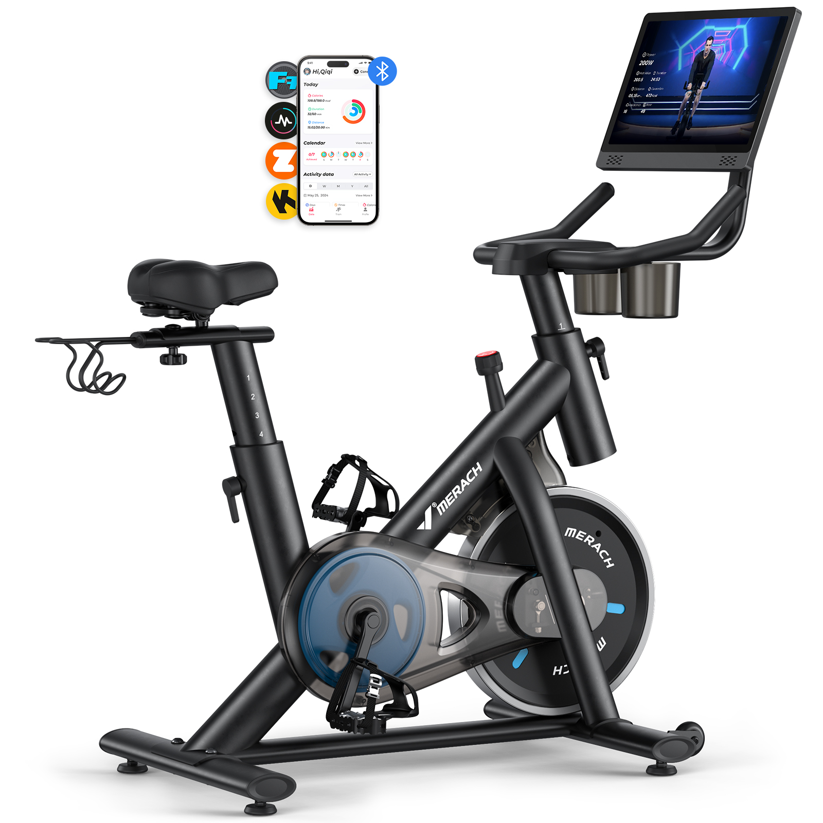 MERACH Stationary Exercise Bike with 1080P HD screen Low Noise for Indoor Workout Cycling Bike with 330lbs Weight Capacity Flywheel Weight 40lbs