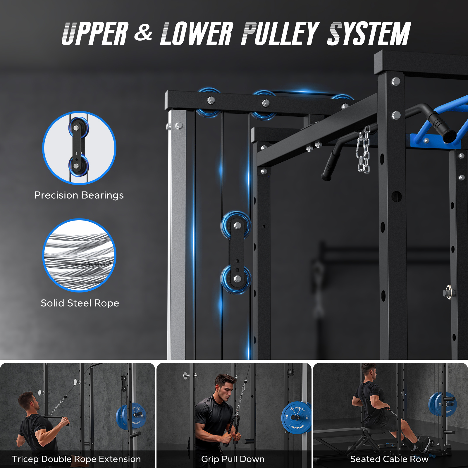 Power Rack Cage with LAT Pull Down, 1600lbs Capacity Multi-Functional Squat Rack with 11 Adjustable Heights, Pulley System, Dip Bar, Landmine & More Power Rack Attachments for Home Gym