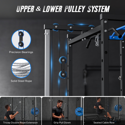 Power Rack Cage with LAT Pull Down, 1600lbs Capacity Multi-Functional Squat Rack with 11 Adjustable Heights, Pulley System, Dip Bar, Landmine & More Power Rack Attachments for Home Gym