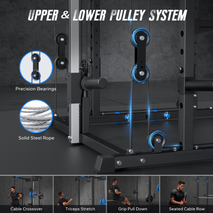 Power Rack Cage with LAT Pull Down, 1600lbs Capacity Multi-Functional Squat Rack with 21 Adjustable Heights, Pulley System, Dip Bar, Landmine & More Power Rack Attachments for Home Gym