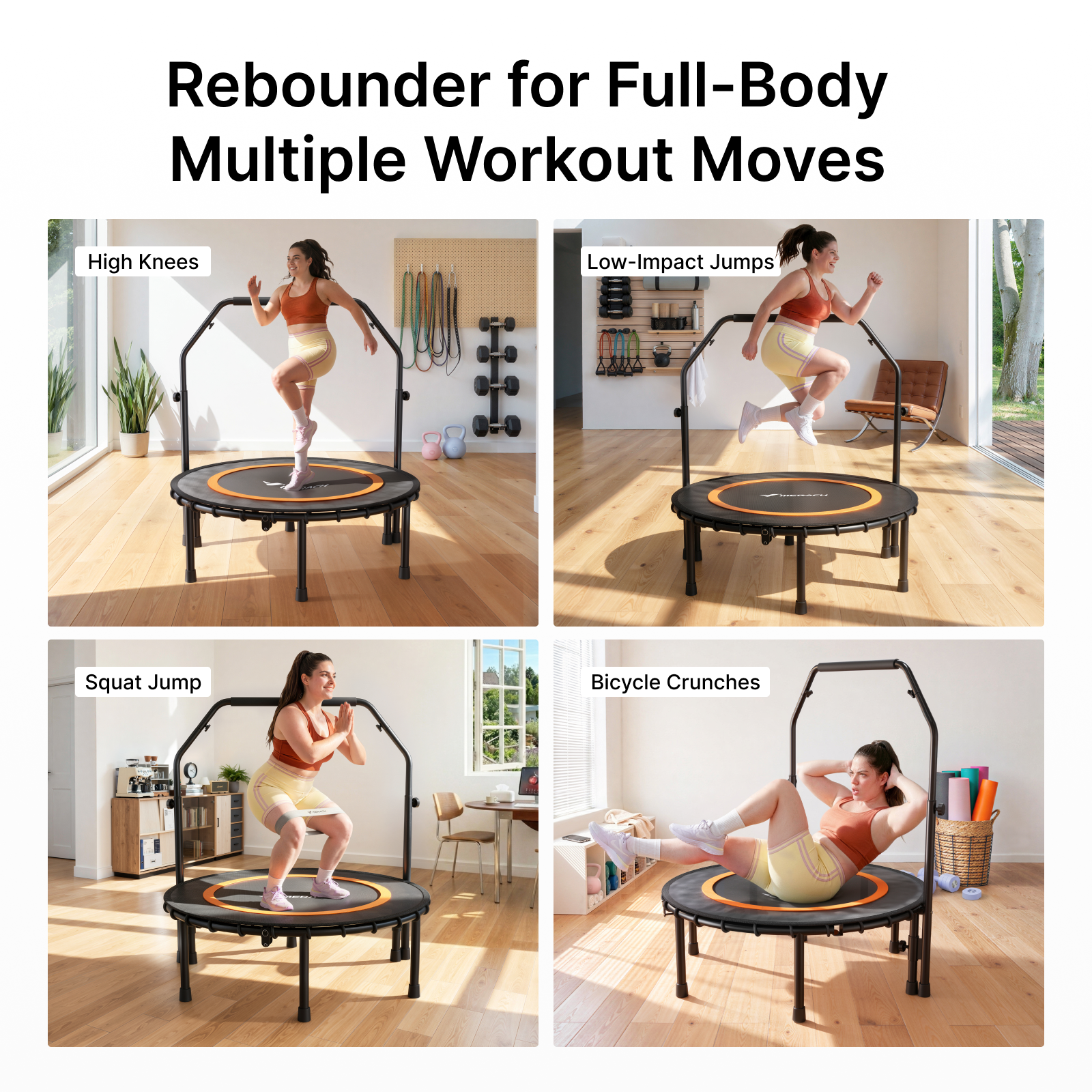 MERACH 40" Fitness Trampoline with Bar, Foldable Mini Trampoline with Bungees, 330 lbs Capacity