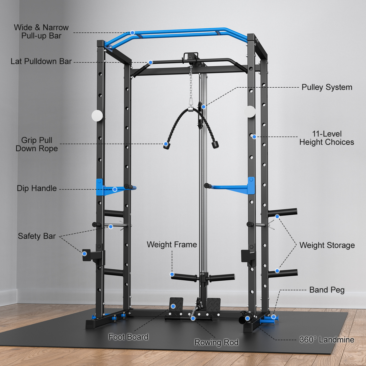 Power Rack Cage with LAT Pull Down, 1600lbs Capacity Multi-Functional Squat Rack with 11 Adjustable Heights, Pulley System, Dip Bar, Landmine & More Power Rack Attachments for Home Gym