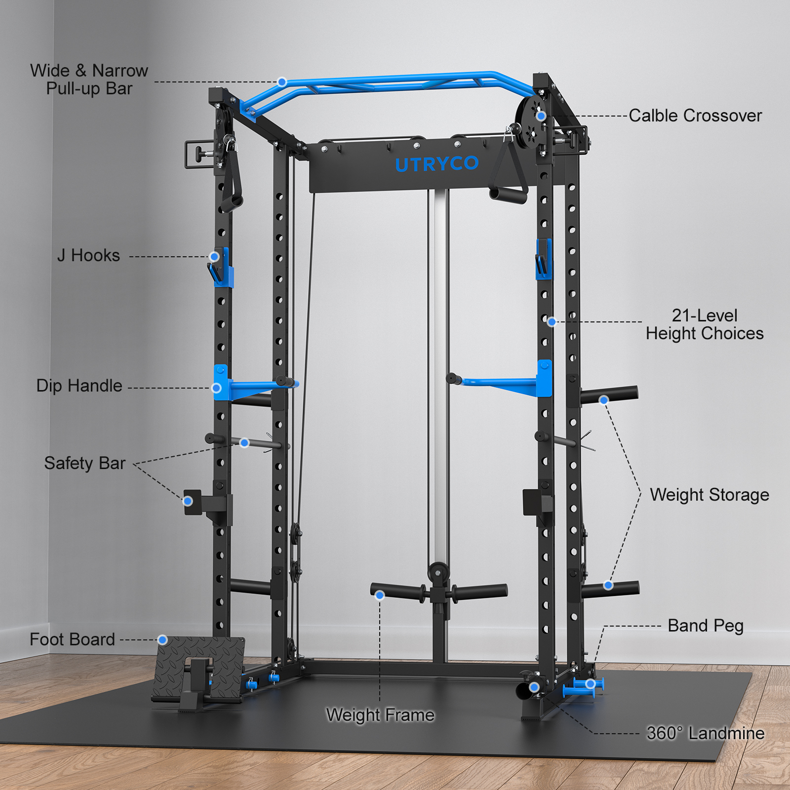 Power Rack Cage with LAT Pull Down, 1600lbs Capacity Multi-Functional Squat Rack with 21 Adjustable Heights, Pulley System, Dip Bar, Landmine & More Power Rack Attachments for Home Gym