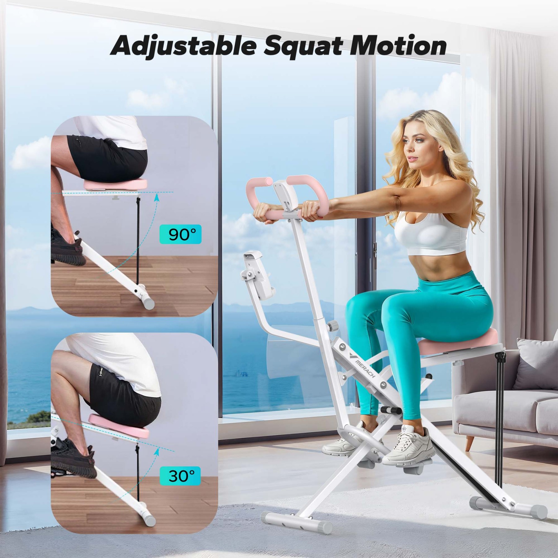 MERACH Squat Machine with 4-Level Resistance, Adjustable Home Gym Upright Rower for Glutes, Legs & Full Body Workout, Includes Device Holder
