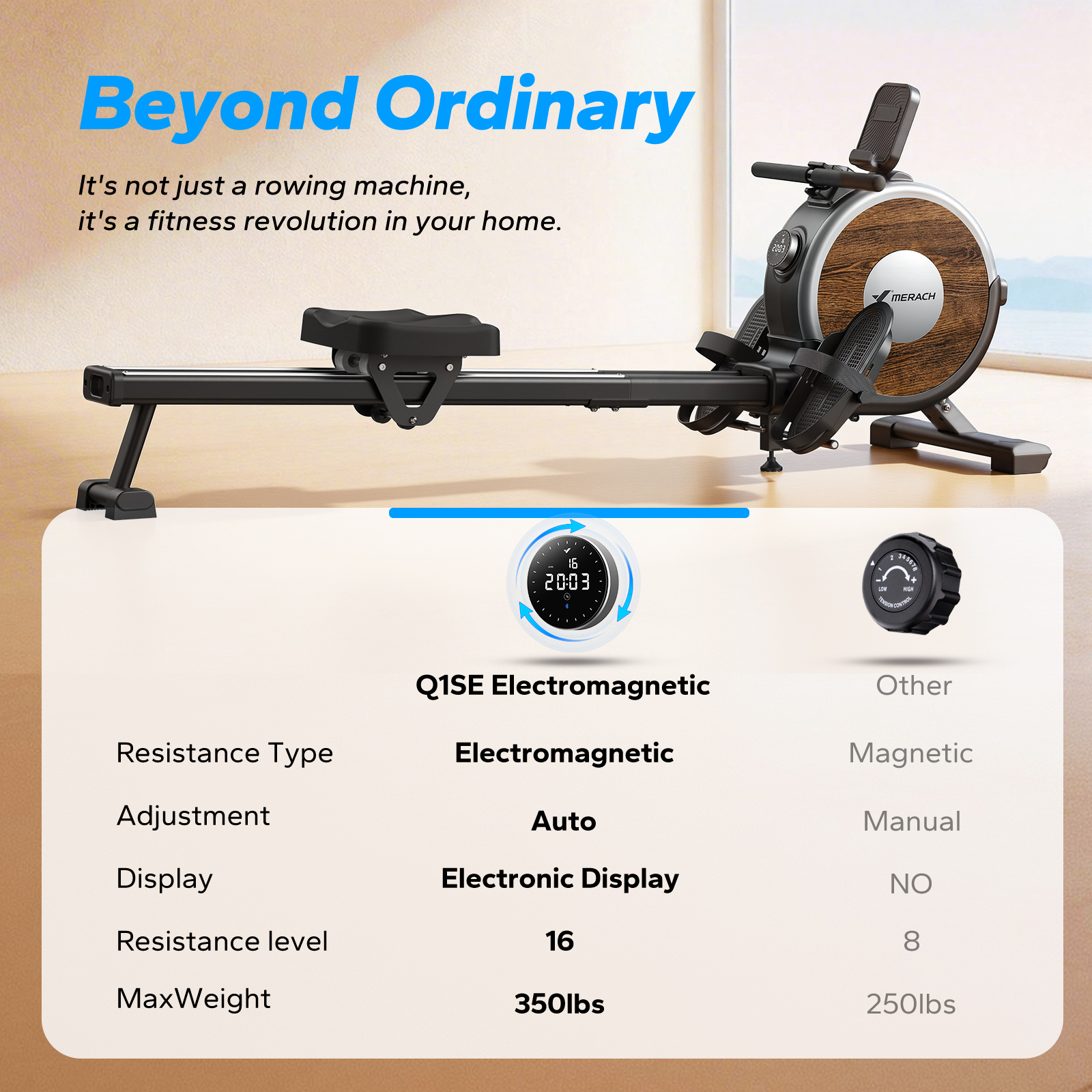 MERACH Rower Machine Bluetooth 16 levels Quiet Magnetic Smart Auto Resistance Rower for Home Use