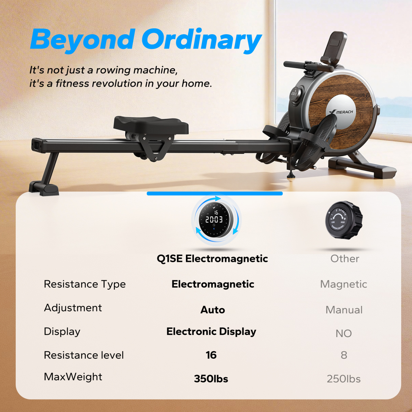 MERACH Rower Machine Bluetooth 16 levels Quiet Magnetic Smart Auto Resistance Rower for Home Use