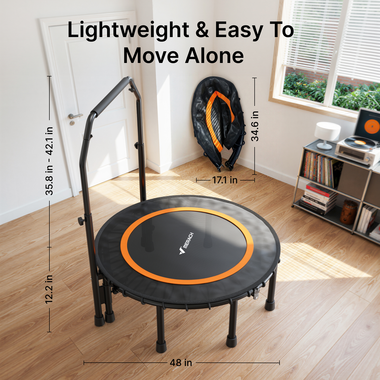 MERACH 48" Fitness Trampoline with Bar, Foldable Mini Trampoline Rebounder with Bungees, 330 lbs Capacity