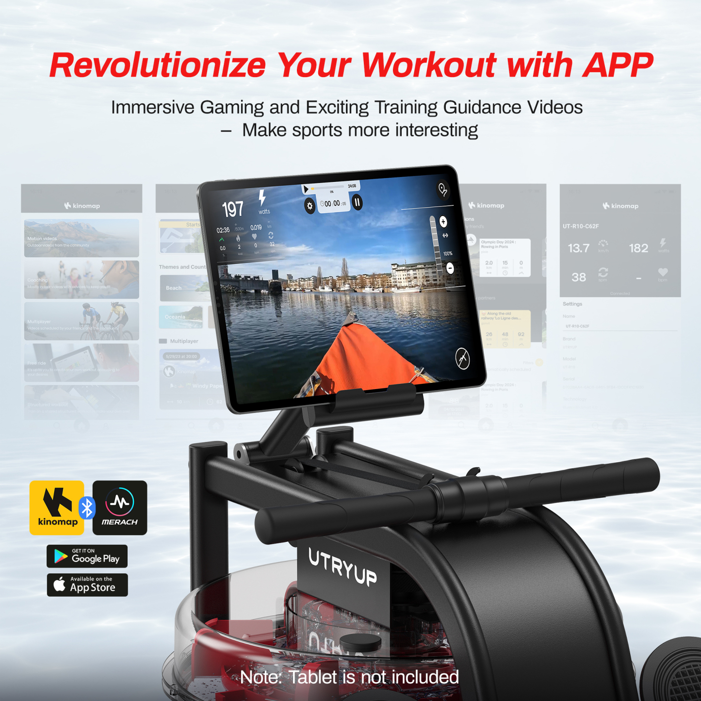 UTRYUP Water Rowing Machines, 16 Levels of Quiet Resistance Foldable Compact Rowing Machine 350 LB Weight Capacity with Bluetooth, App Supported, Tablet Holder