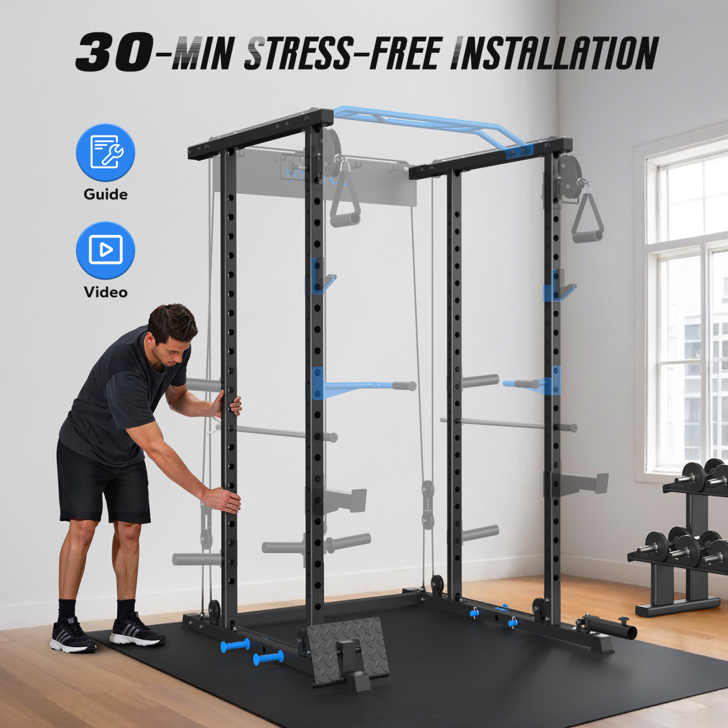 Power Rack Cage with LAT Pull Down, 1600lbs Capacity Multi-Functional Squat Rack with 21 Adjustable Heights, Pulley System, Dip Bar, Landmine & More Power Rack Attachments for Home Gym