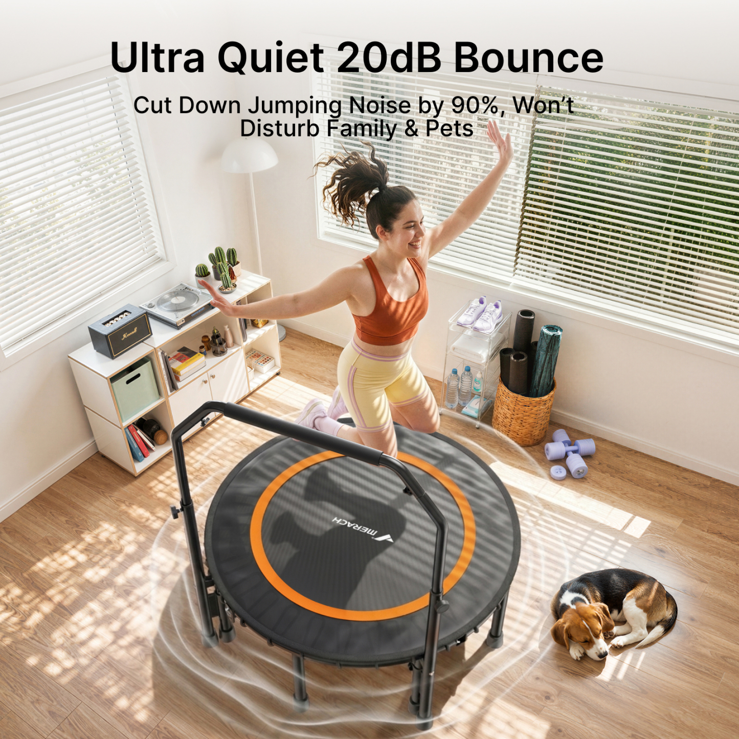 MERACH 48" Fitness Trampoline with Bar, Foldable Mini Trampoline Rebounder with Bungees, 330 lbs Capacity