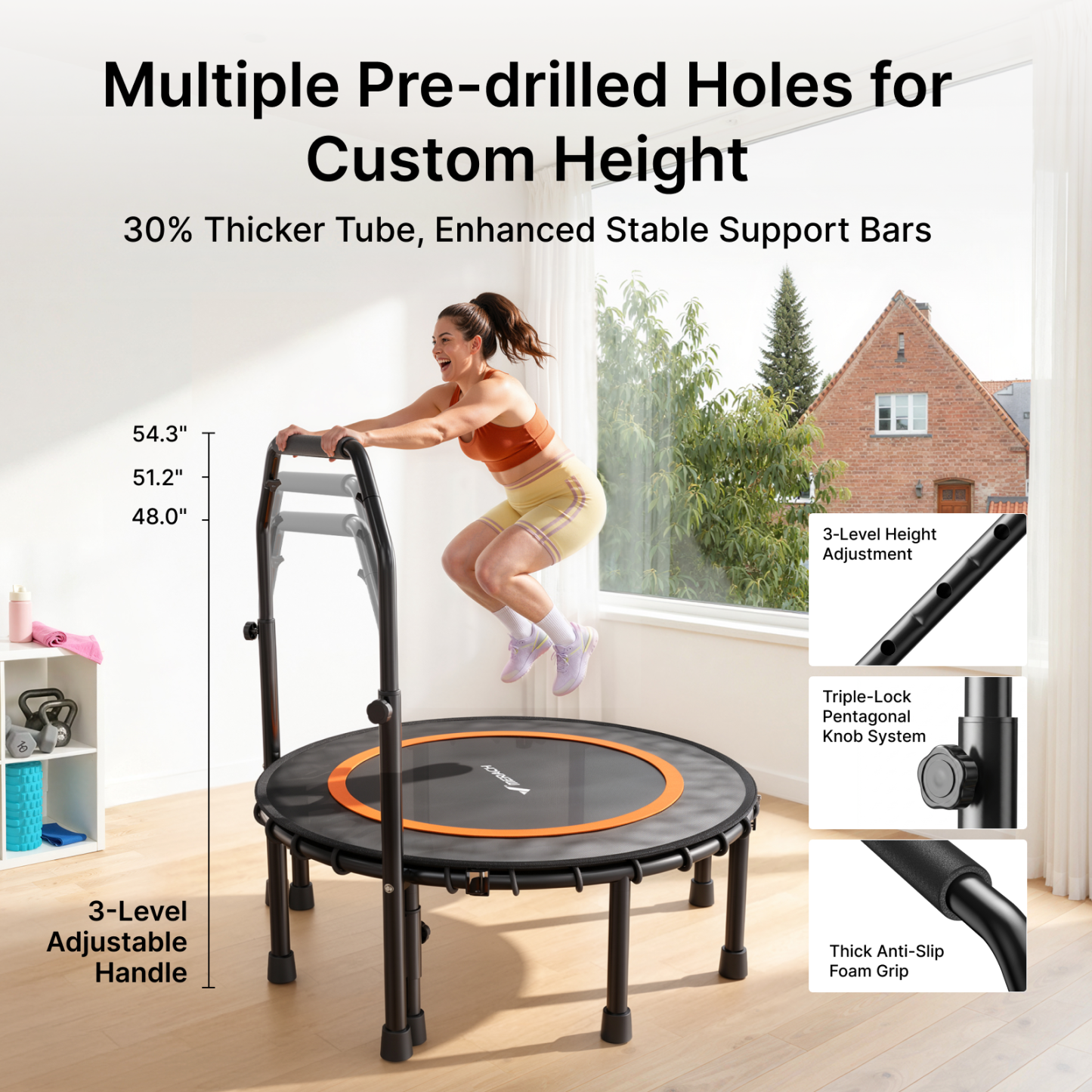 MERACH 48" Fitness Trampoline with Bar, Foldable Mini Trampoline Rebounder with Bungees, 330 lbs Capacity