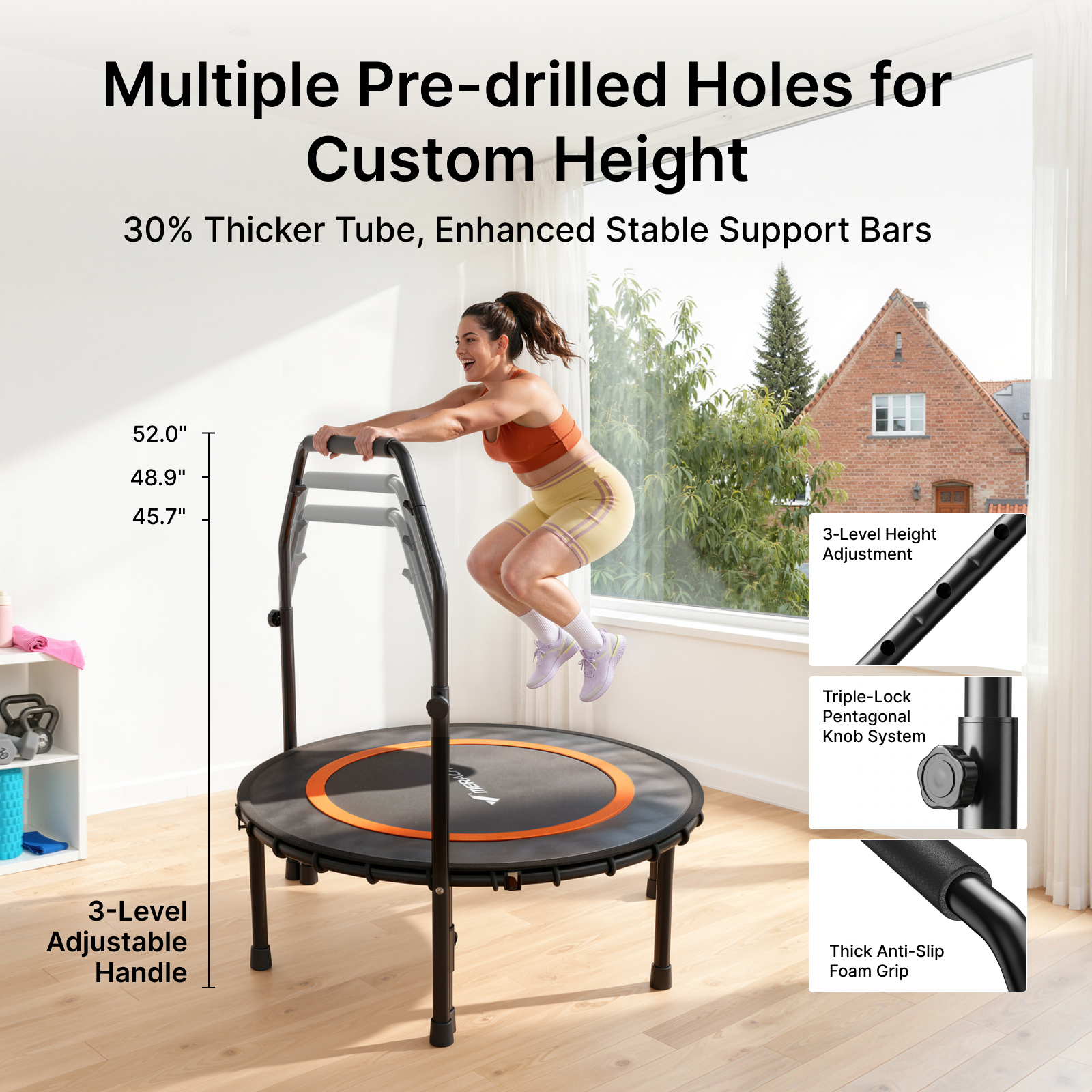 MERACH 40" Fitness Trampoline with Bar, Foldable Mini Trampoline with Bungees, 330 lbs Capacity