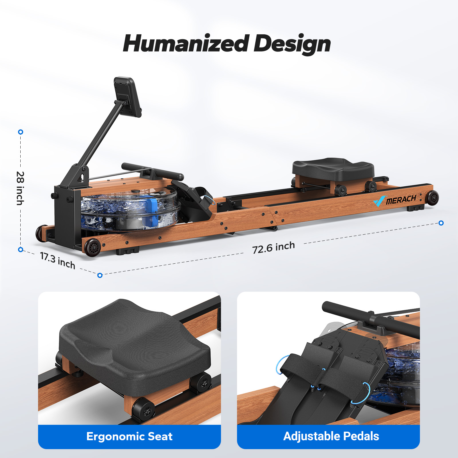 MERACH Water Rowing Machines for Home, Foldable Row Machine with 400LBS Weight Capacity, Dedicated Monitor and Comfortable Seat, Free MERACH App for Immersive Water Rower